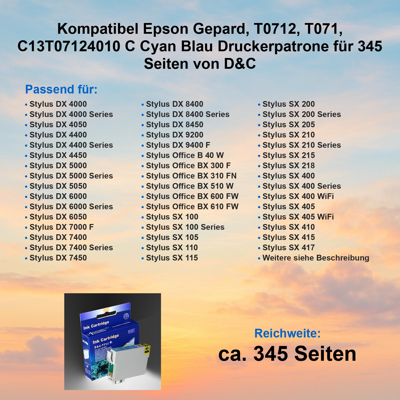 Cyan Druckerpatrone mit Verpackung und langer Liste kompatibler Epson Druckermodelle vor einem Sonnenuntergang.