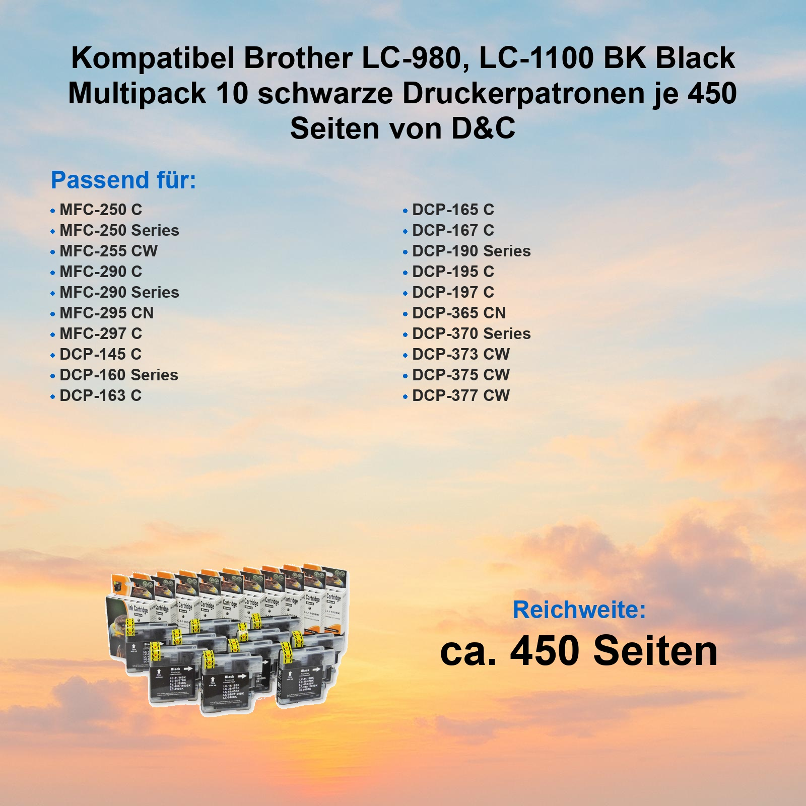Zehn schwarze Druckerpatronen in Schachteln vor Abendhimmel mit Kompatibilitätslisten.