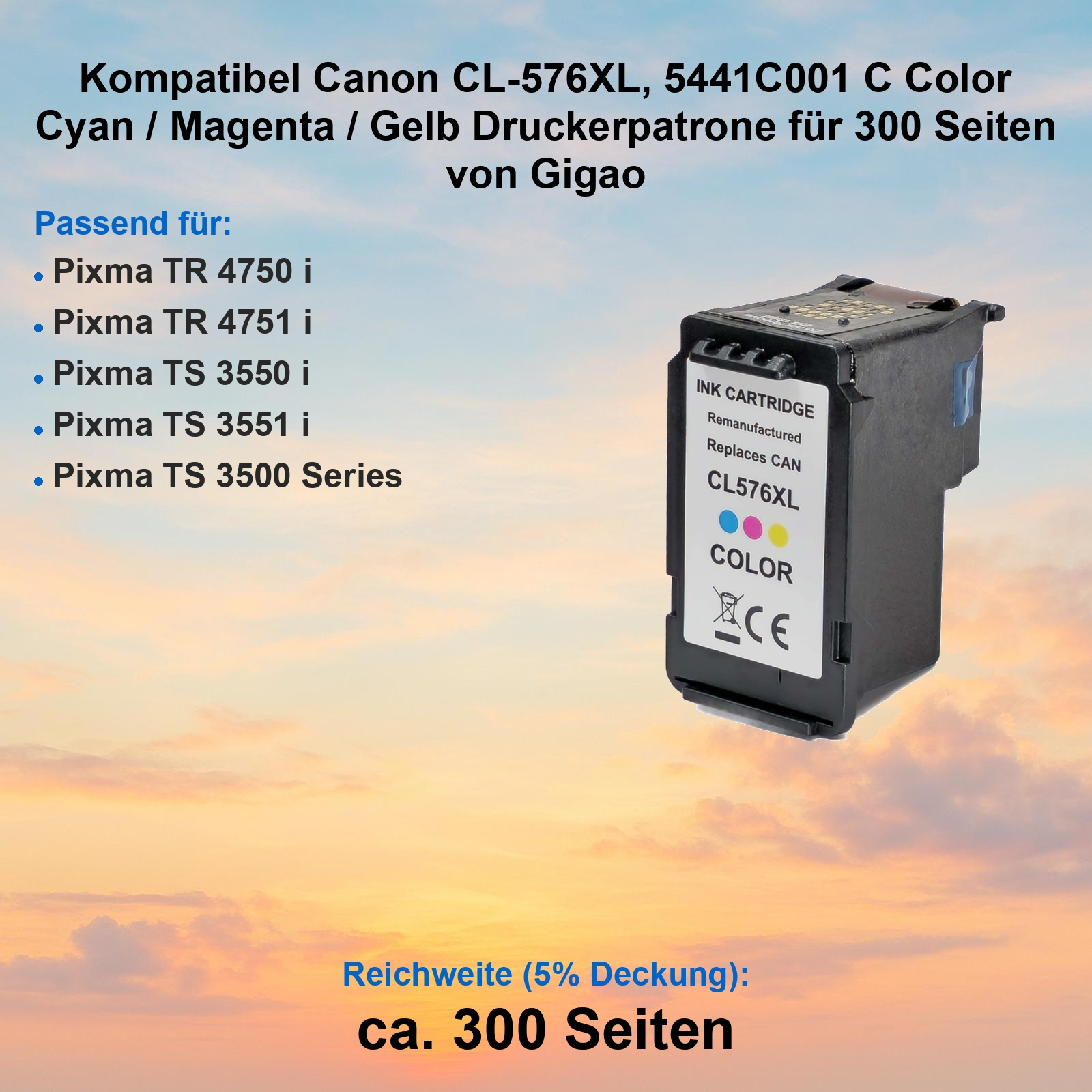 Farbige Tintenpatrone für Canon Drucker vor einem Himmelshintergrund mit Text.