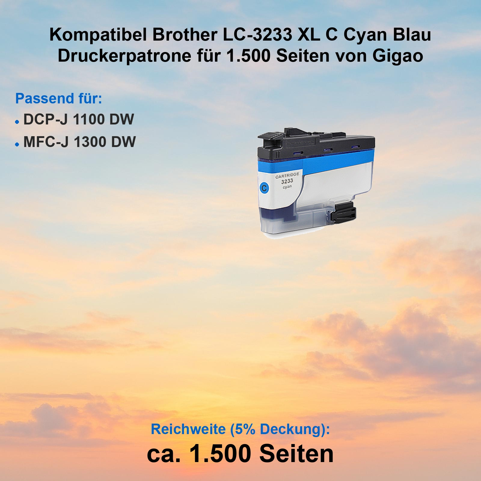 Cyan Tintenpatrone vor einem orangefarbenen Sonnenuntergangshintergrund mit Text.