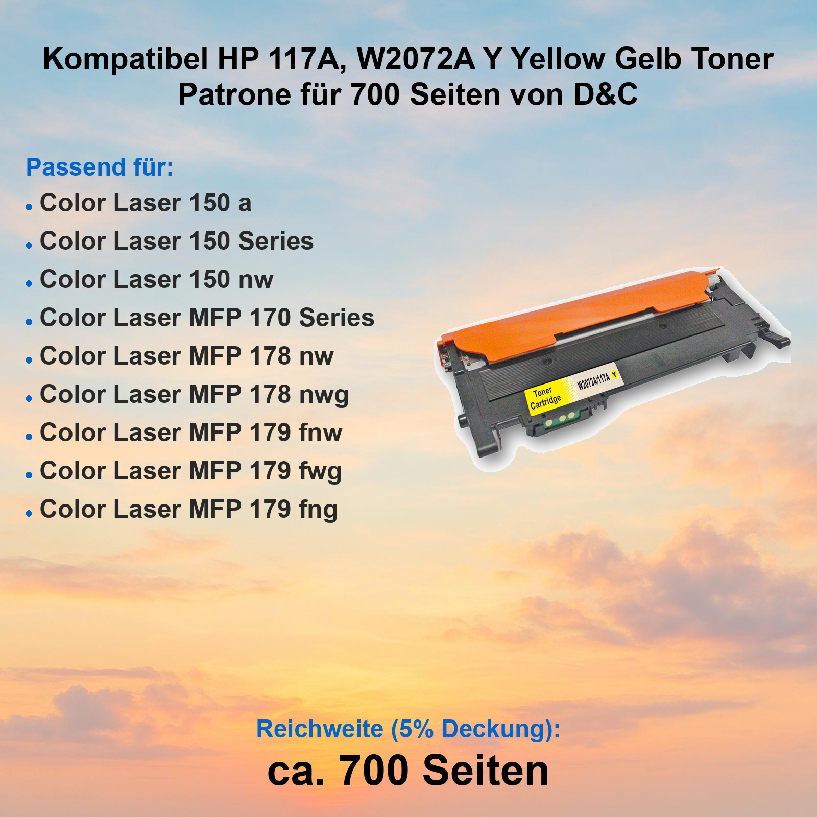 Gelber Toner für HP Drucker auf Sonnenuntergangshintergrund mit Kompatibilitätsliste.