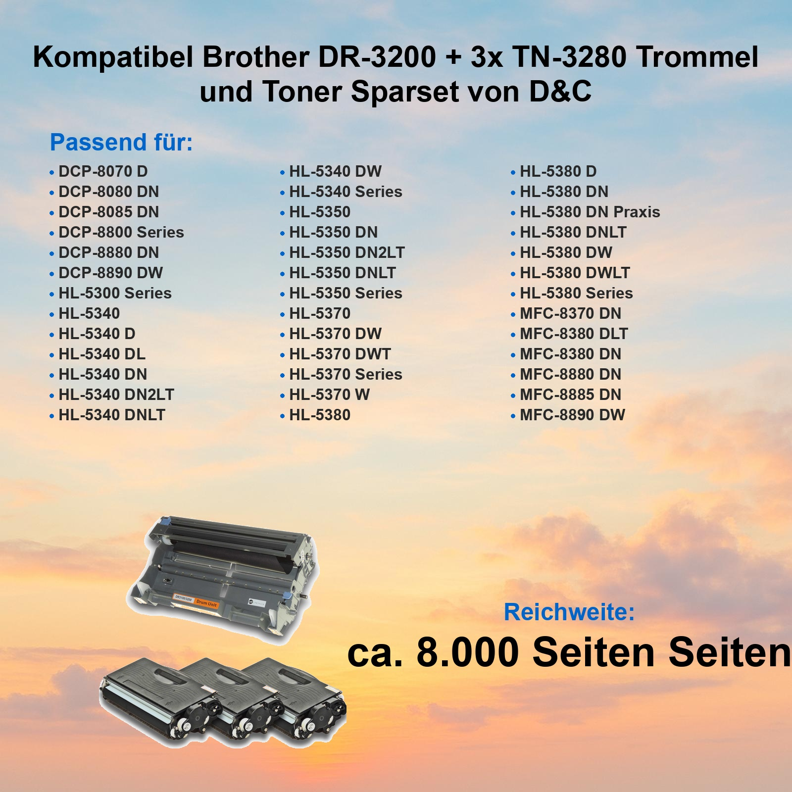 Produktwerbung für Brother Trommel und Toner Set mit Modelliste vor Sonnenuntergang.