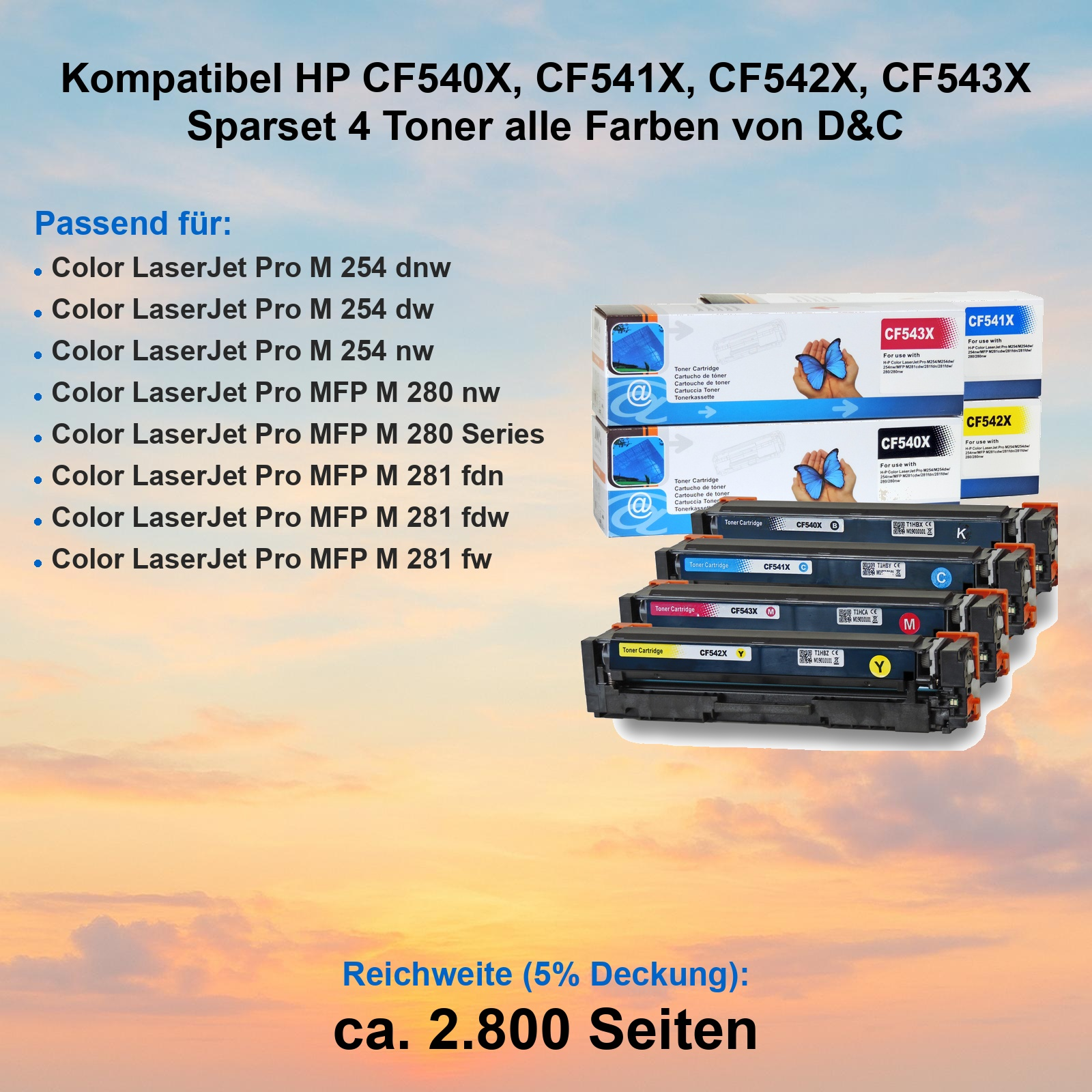 Vier D&C Tonerkassette in verschiedenen Farben mit Kartons für HP LaserJet Pro Drucker vor Sonnenuntergang.