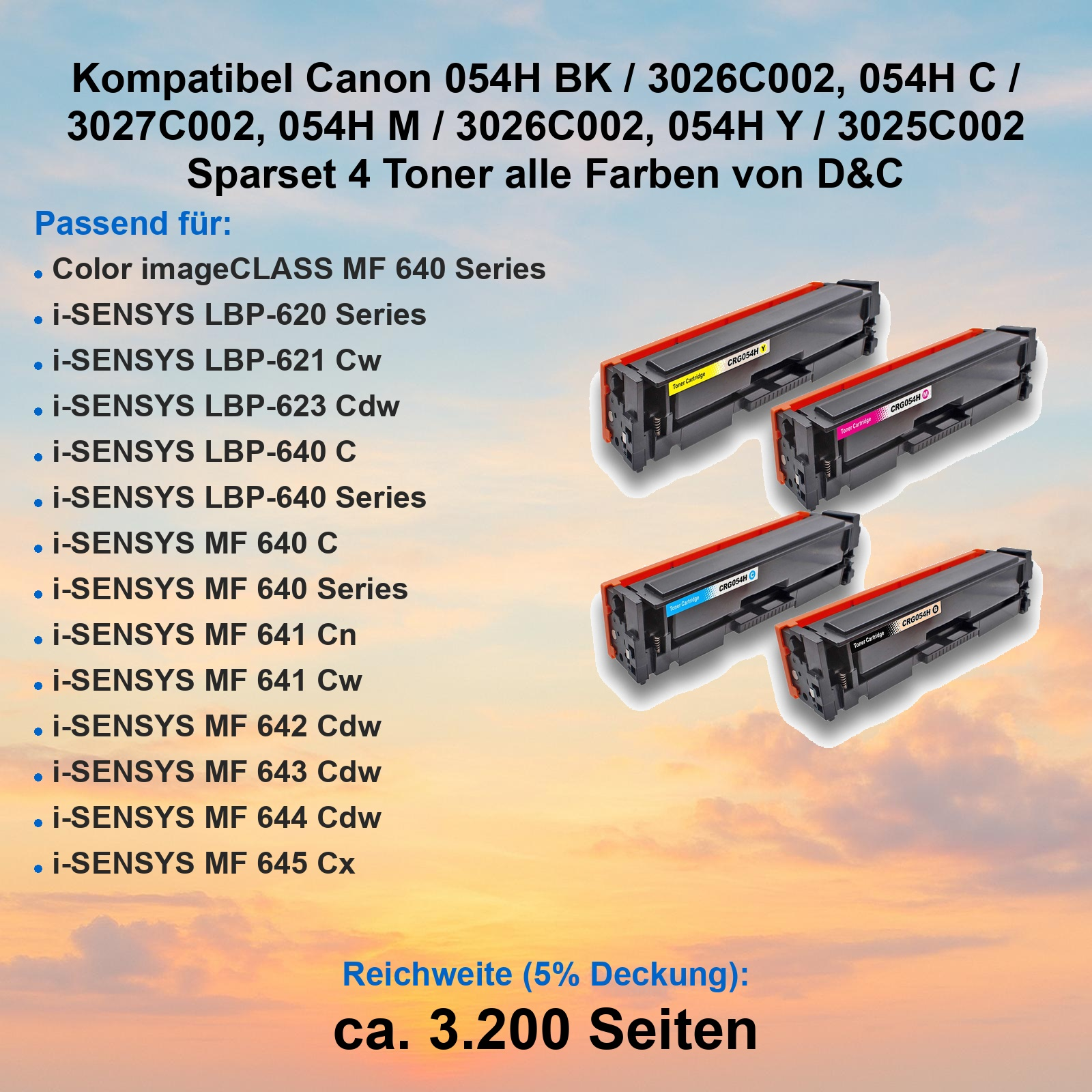 Produktwerbung für vier kompatible Canon 054H Toner mit Kompatibilitätsliste vor Sonnenuntergang.
