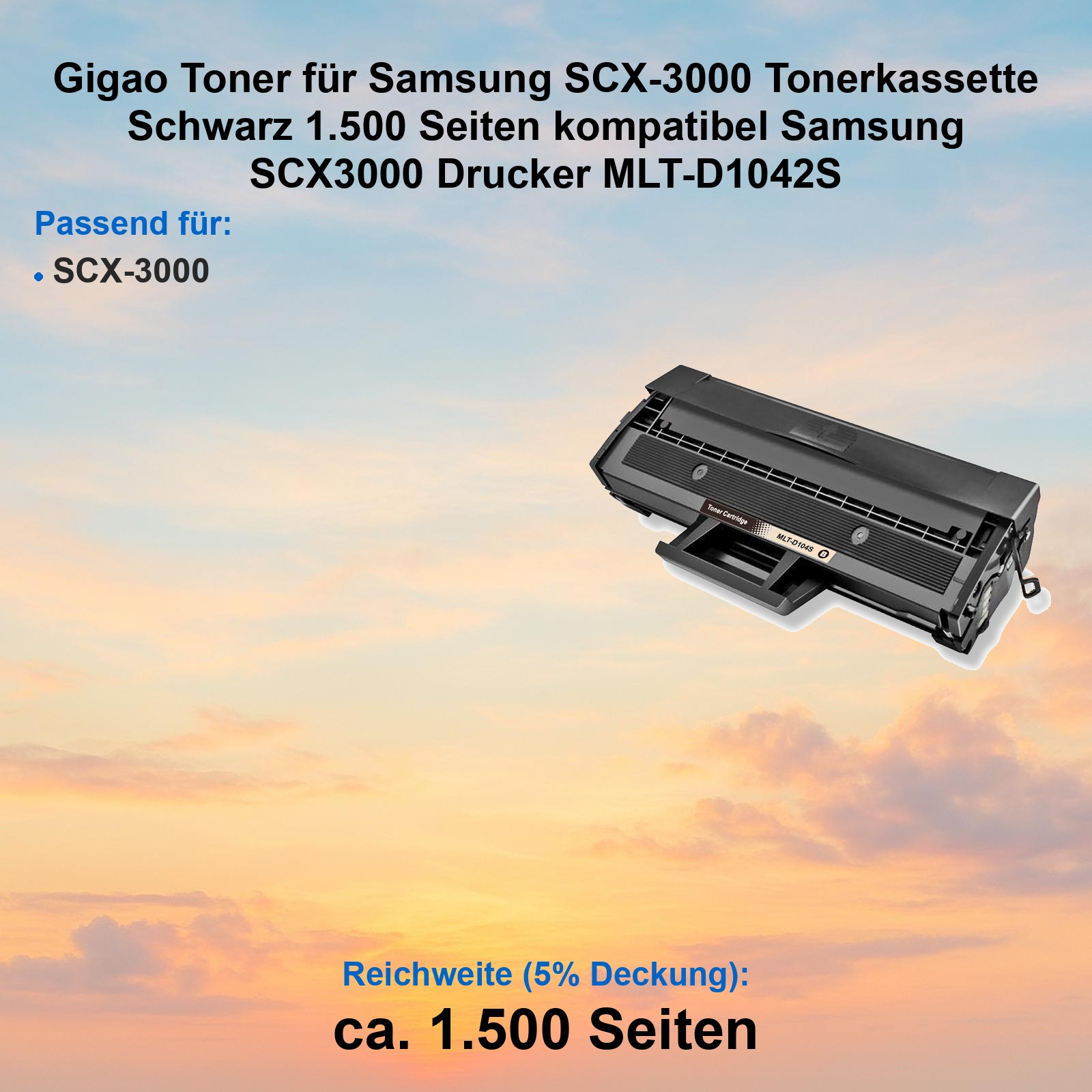 Schwarze Gigao Toner-Kassette für Samsung SCX-3000 Drucker auf orangefarbenem Himmel-Hintergrund.