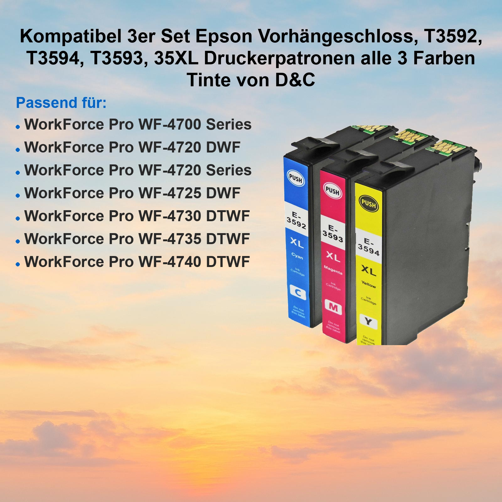 Drei kompatible Epson Druckerpatronen in Blau, Magenta und Gelb vor einem Sonnenuntergang.