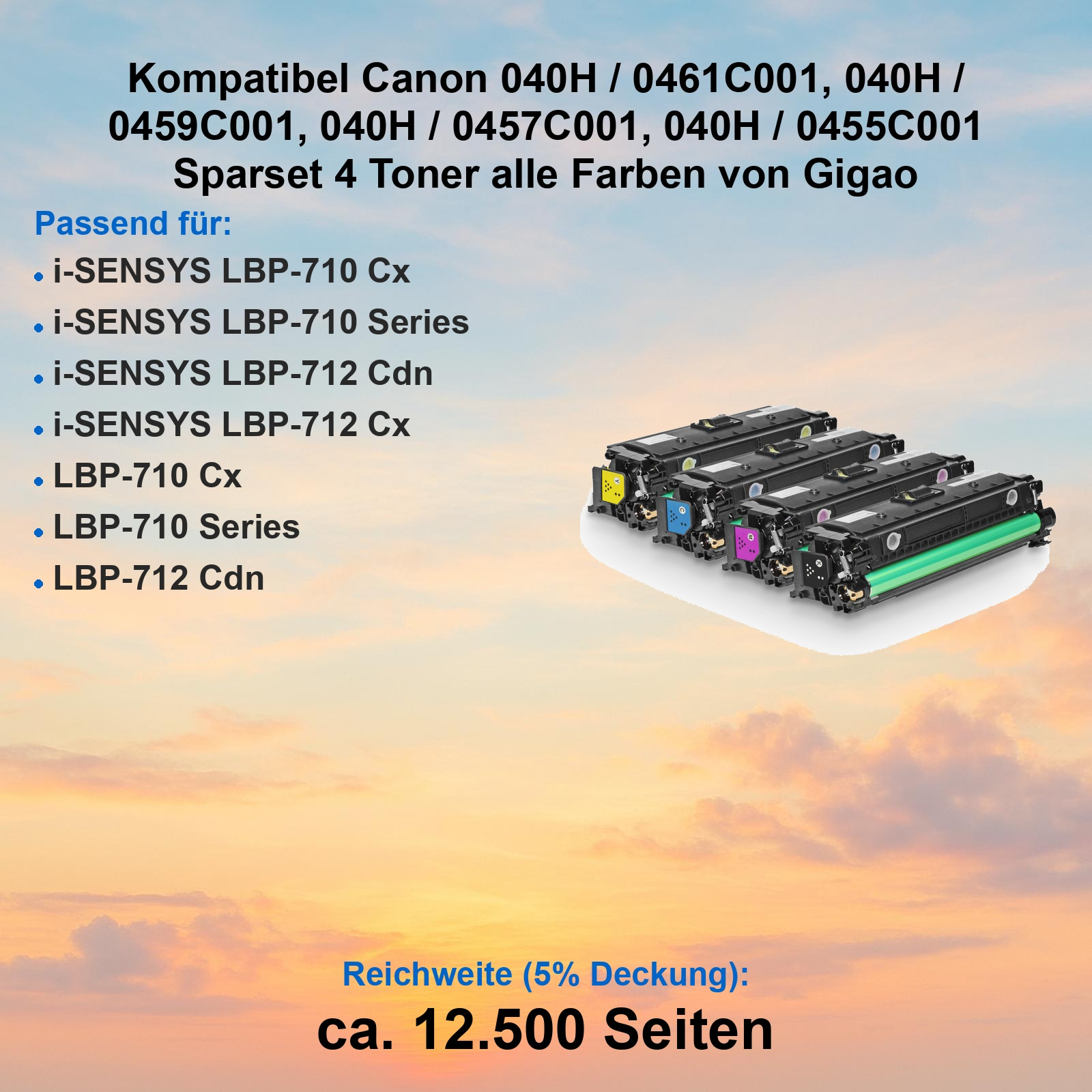 Vier kompatible Canon-Tonerkassettn mit Text zur Druckkompatibilität vor Sonnenuntergang.