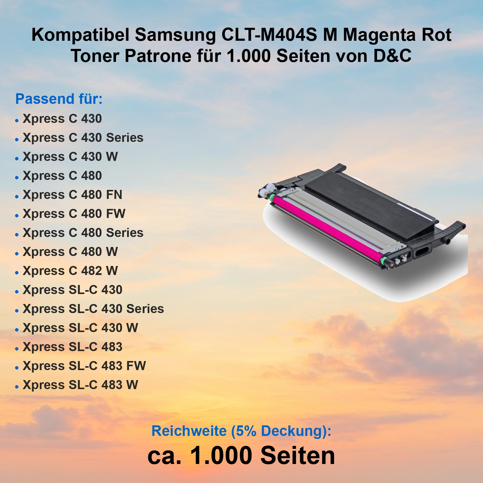 Magenta Tonerpatrone vor einem farbigen Wolkenhintergrund mit kompatiblen Druckermodellen.