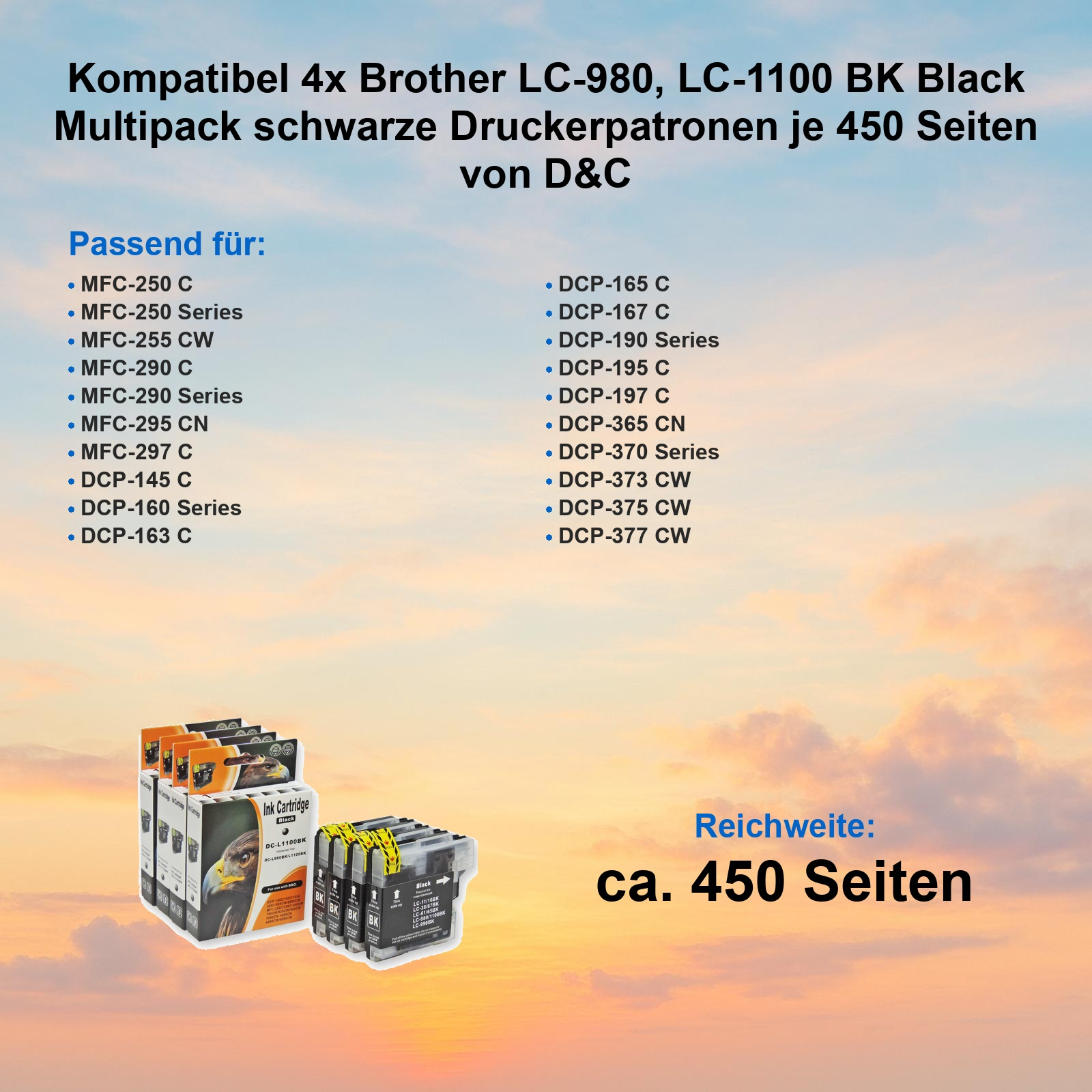 Produktwerbung für schwarze Druckerpatronen vor einem Abendhimmel, mit Produktbildern und Kompatibilitätsliste.