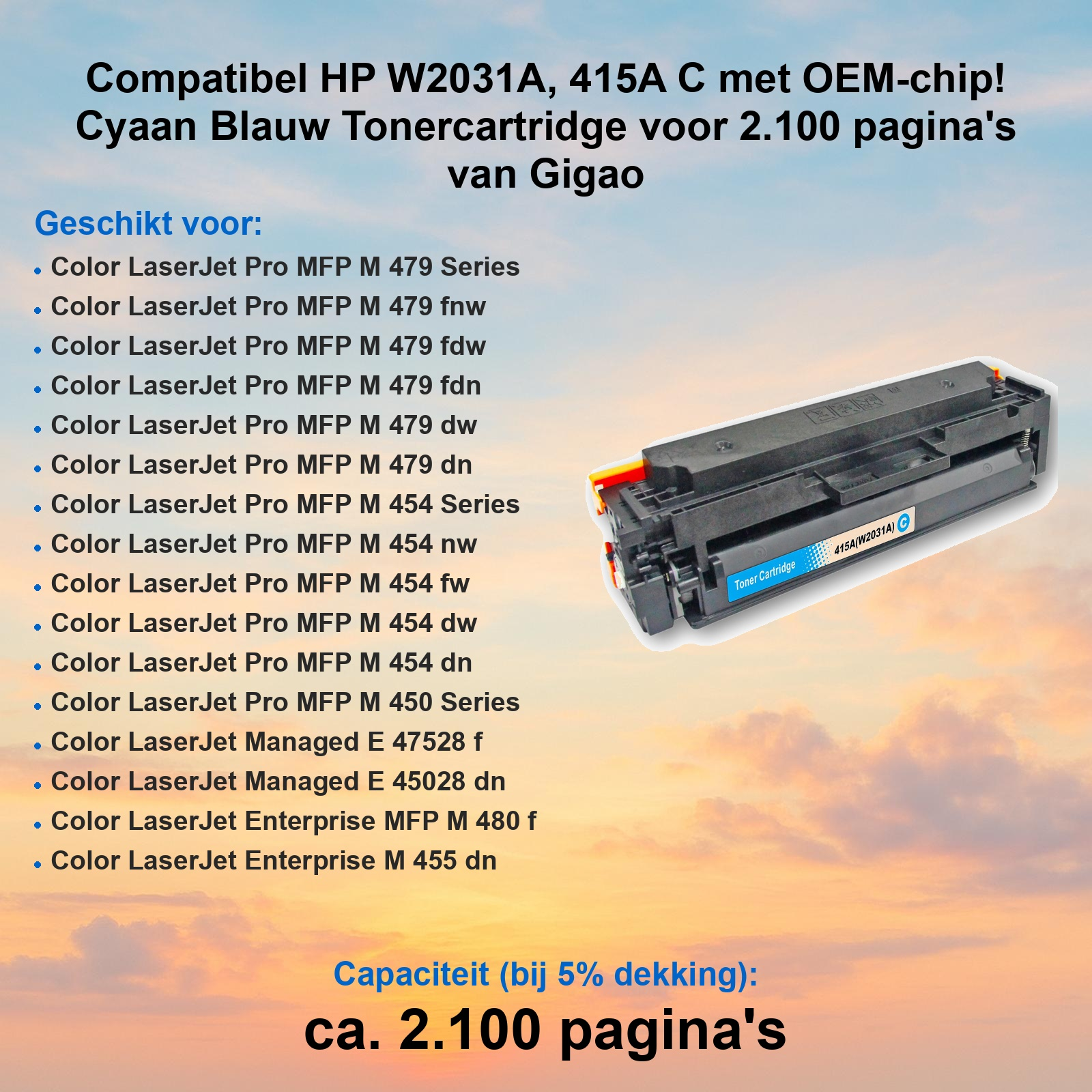 Cyan-Tonerkassette für HP-Drucker mit Kompatibilitätsliste vor Sonnenuntergang.