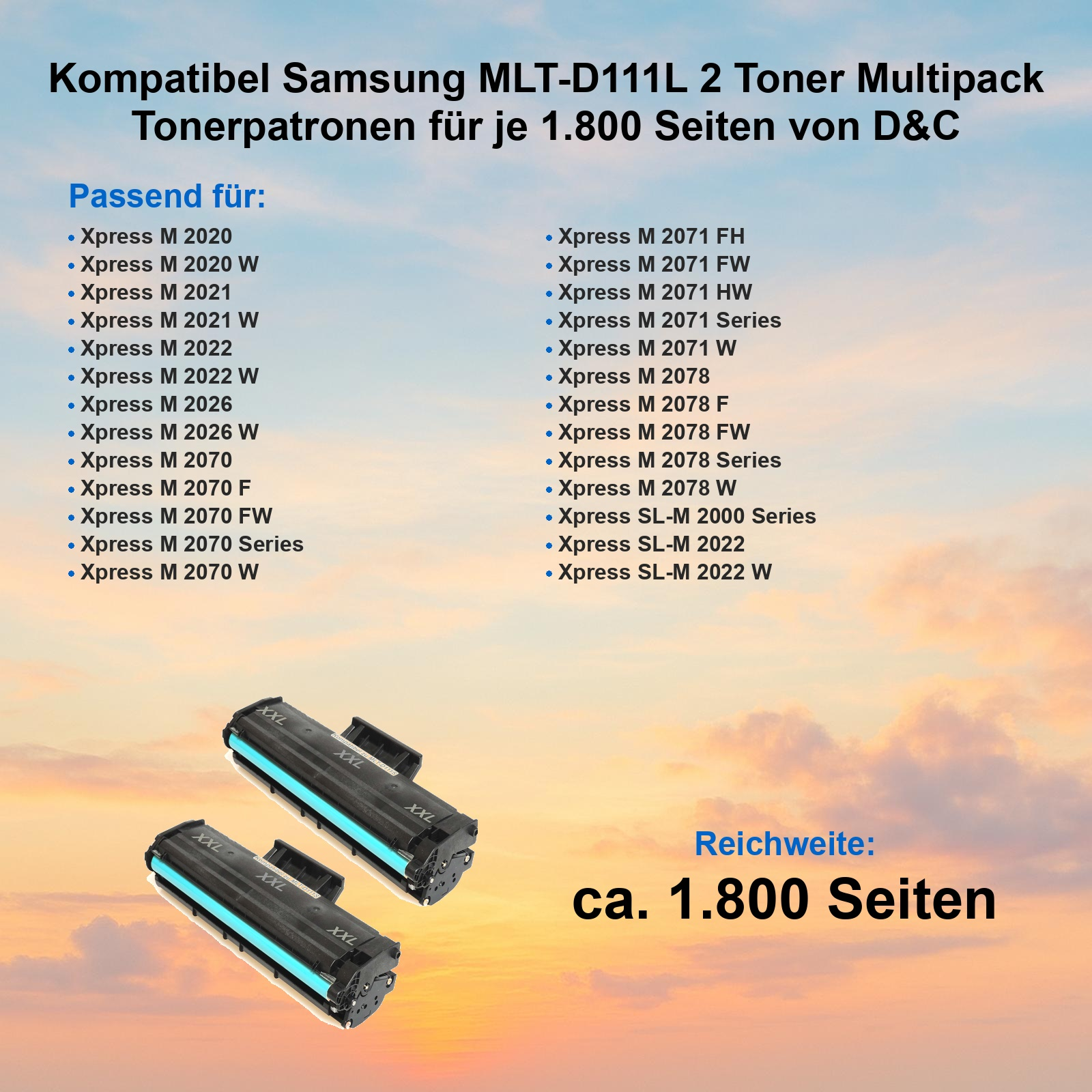 Zwei kompatible Samsung MLT-D111L Toner auf einem Hintergrund mit Druckerkompatibilität und Sonnenuntergang.