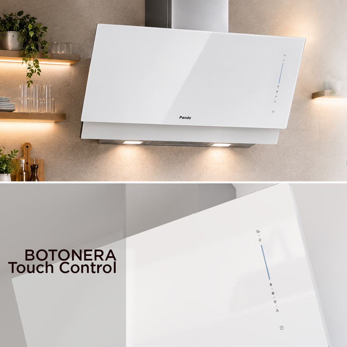 Campana extractora Pando moderna blanca con panel táctil en una cocina.