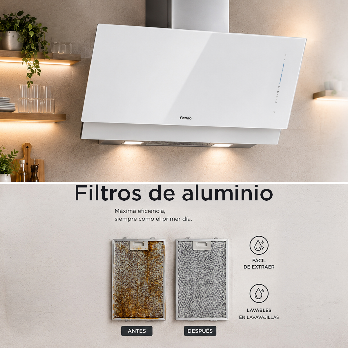 Anuncio de filtros de aluminio con un antes y después, y iconos de fácil extracción y aptos para lavavajillas.