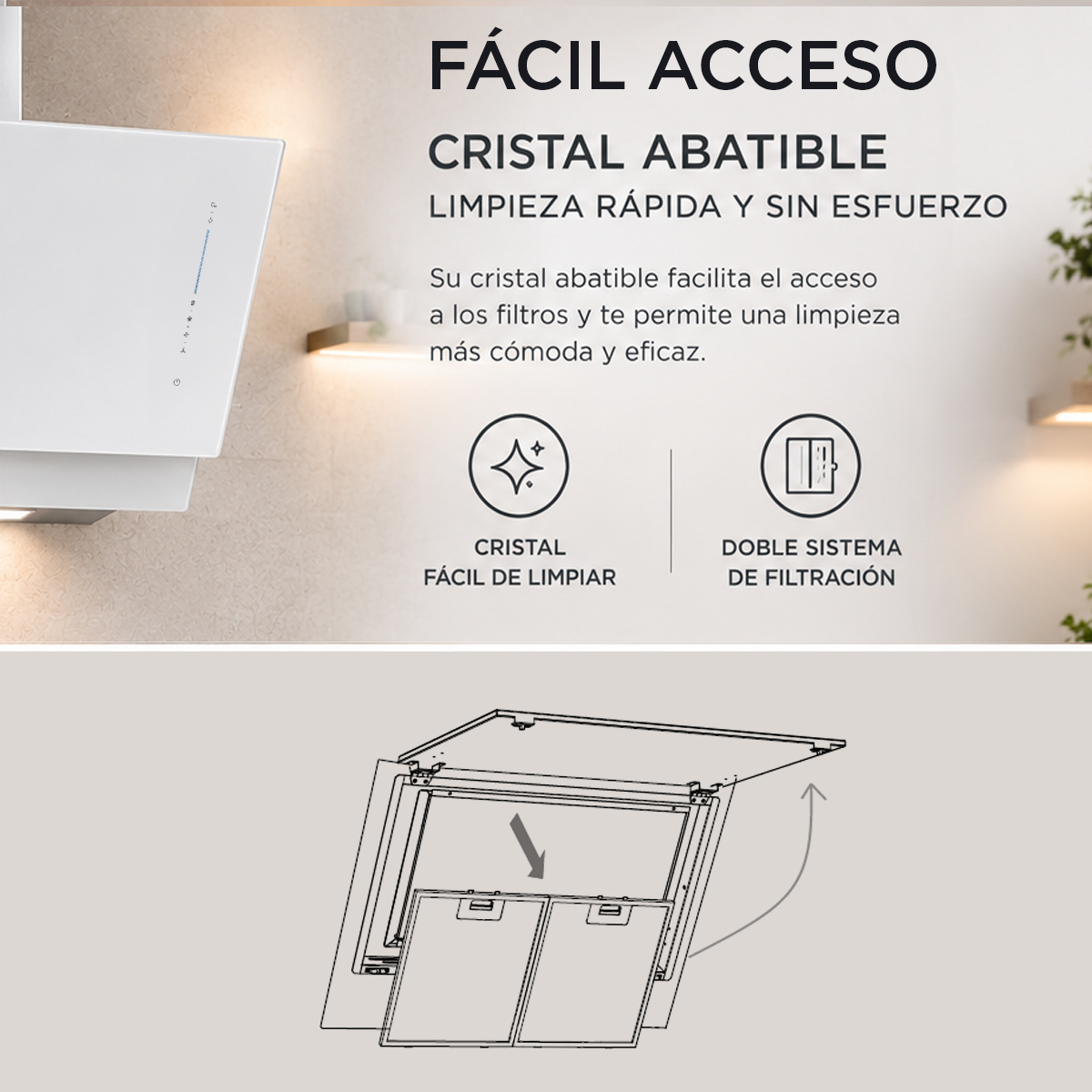 Anuncio de campana extractora blanca con cristal abatible y características de limpieza.