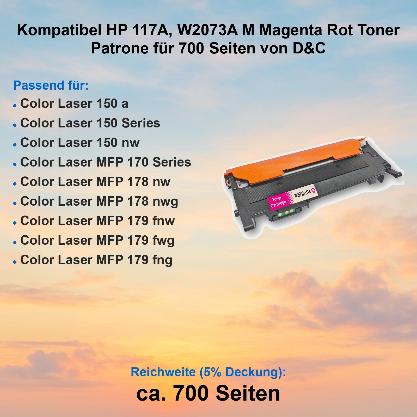 Kompatible Magenta Tonerkartusche für HP Drucker, vor einem Abendhimmel mit einer Liste kompatibler Druckermodelle.