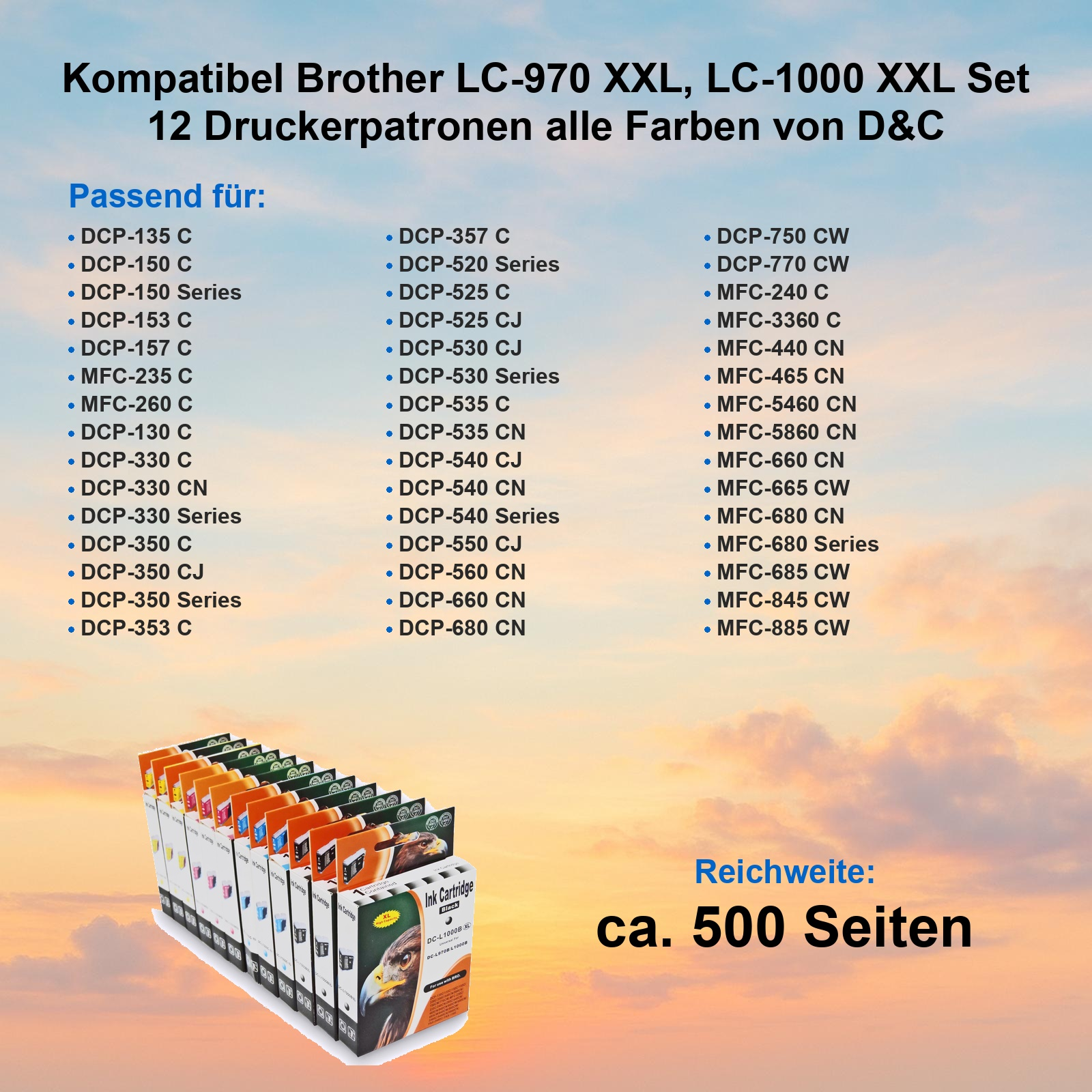 Set mit 12 Druckerpatronen für Brother LC-970 und LC-1000, geeignet für viele Modelle mit ca. 500 Seiten Reichweite.