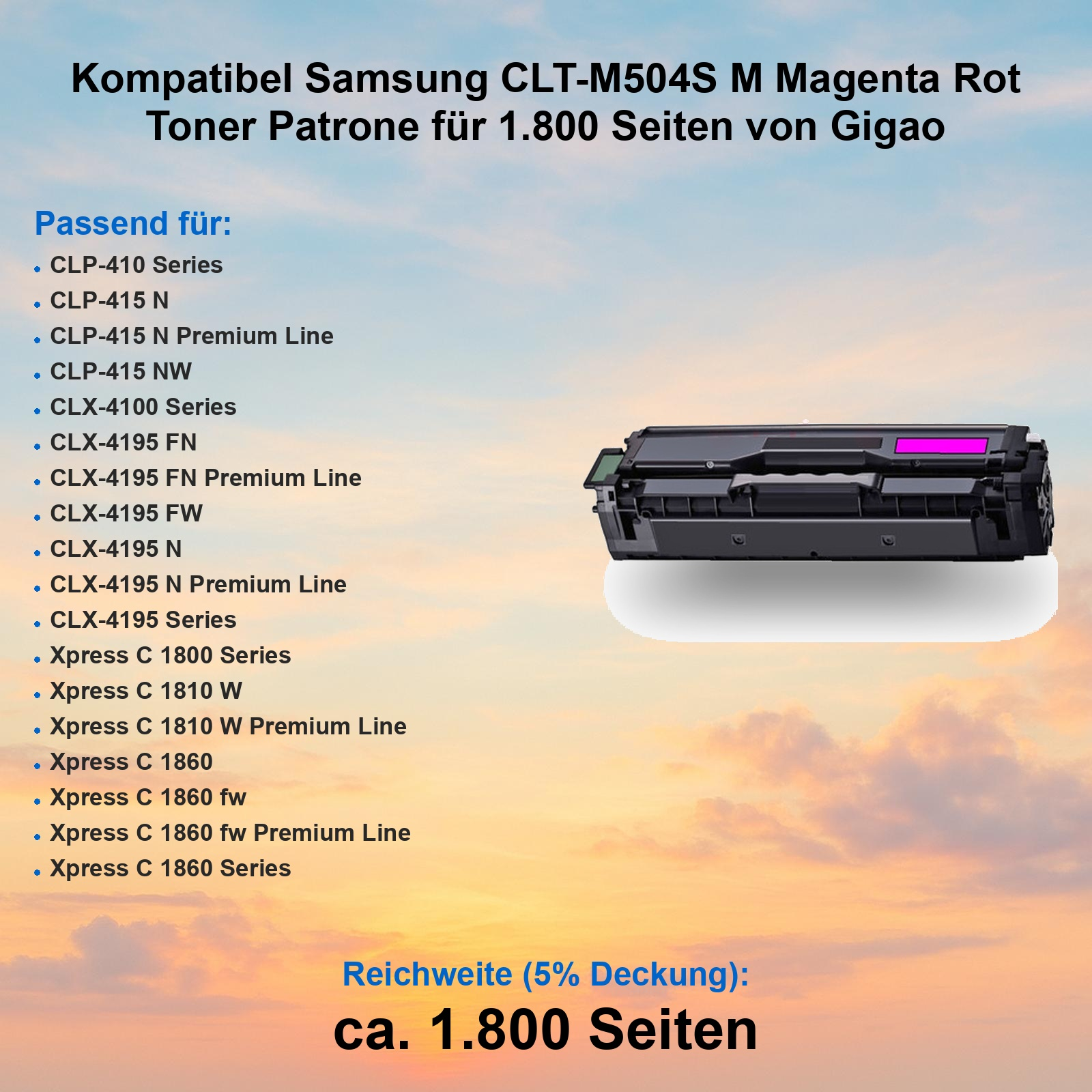 Magenta Toner Patrone mit Kompatibilitätsliste auf orange-blauem Hintergrund.
