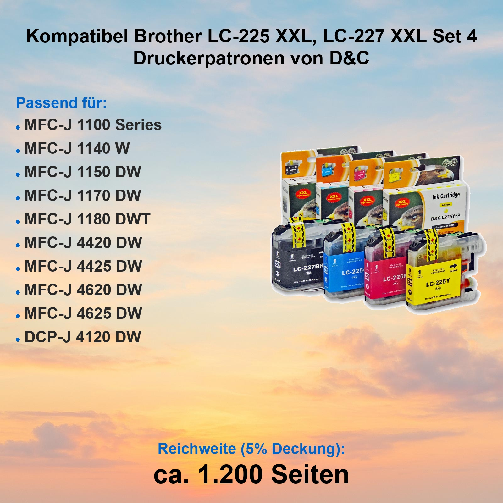 Set aus vier kompatiblen D&C Druckerpatronen für Brother, mit passenden Druckermodellen auf blau-orangem Hintergrund.