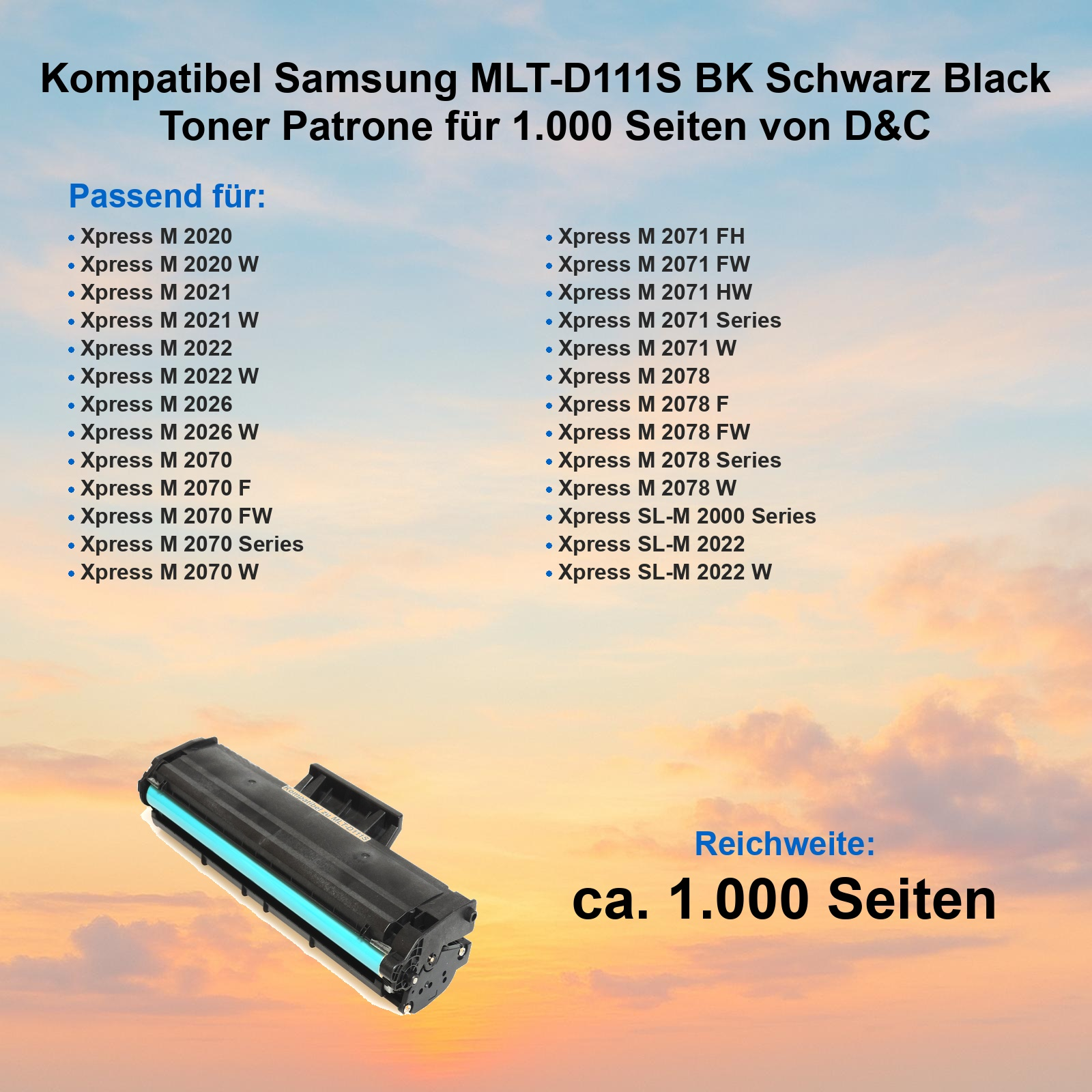 Kompatible Samsung MLT-D111S Tonerpatrone vor einem orange-blauen Sonnenuntergangshintergrund.