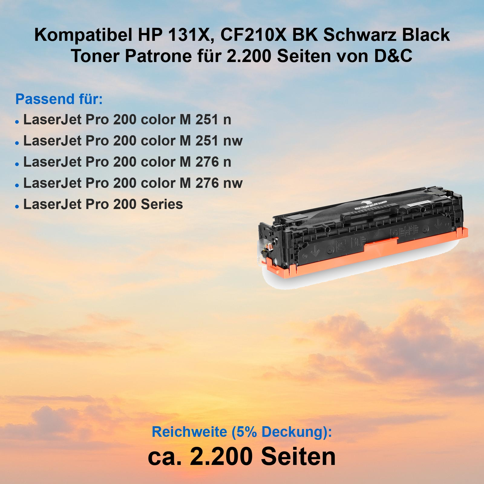 Kompatible HP 131X Black Toner Patrone vor einem farbigen Sonnenuntergangshintergrund.