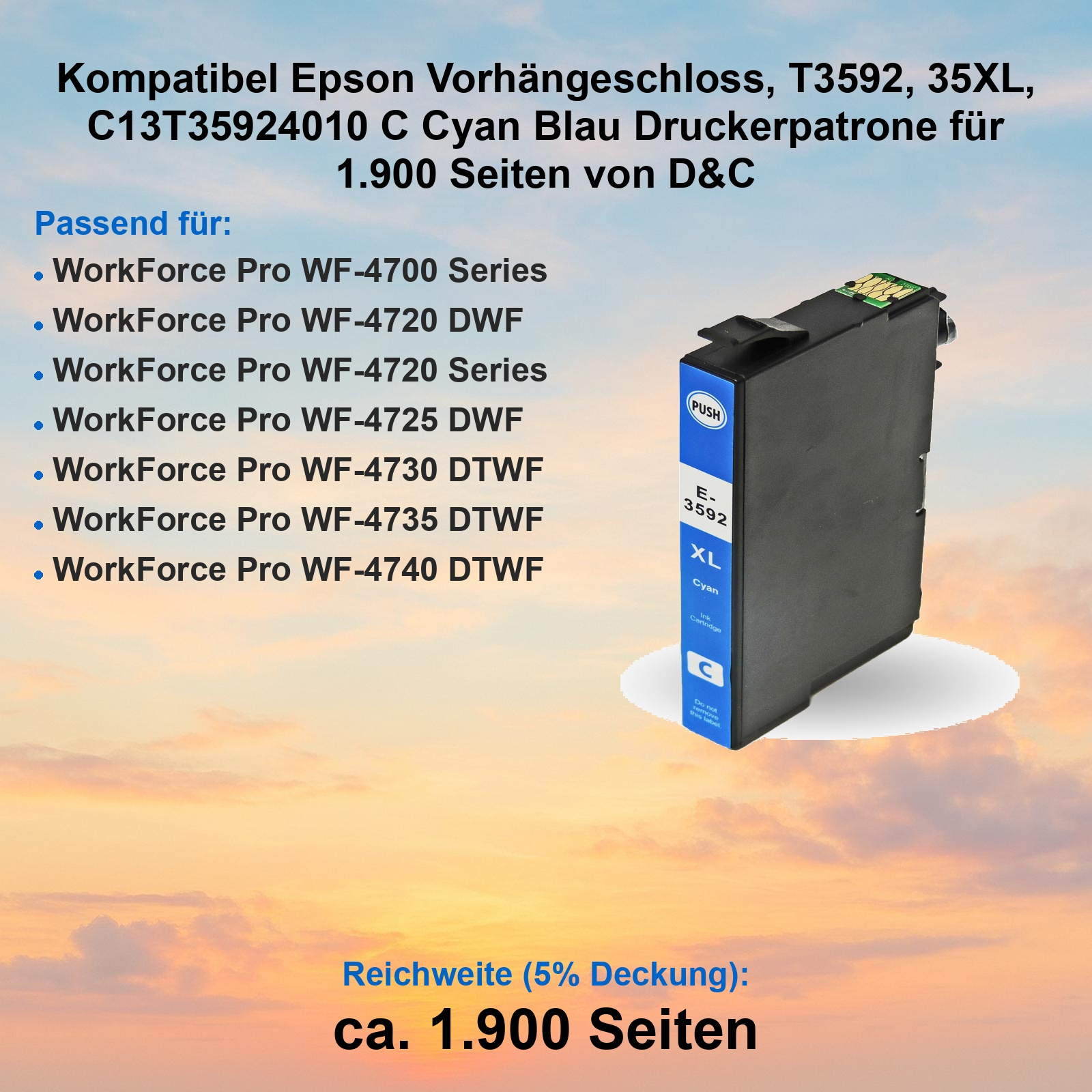 Blaue Tintenpatrone vor einem Hintergrund mit Text und Sonnenuntergang.