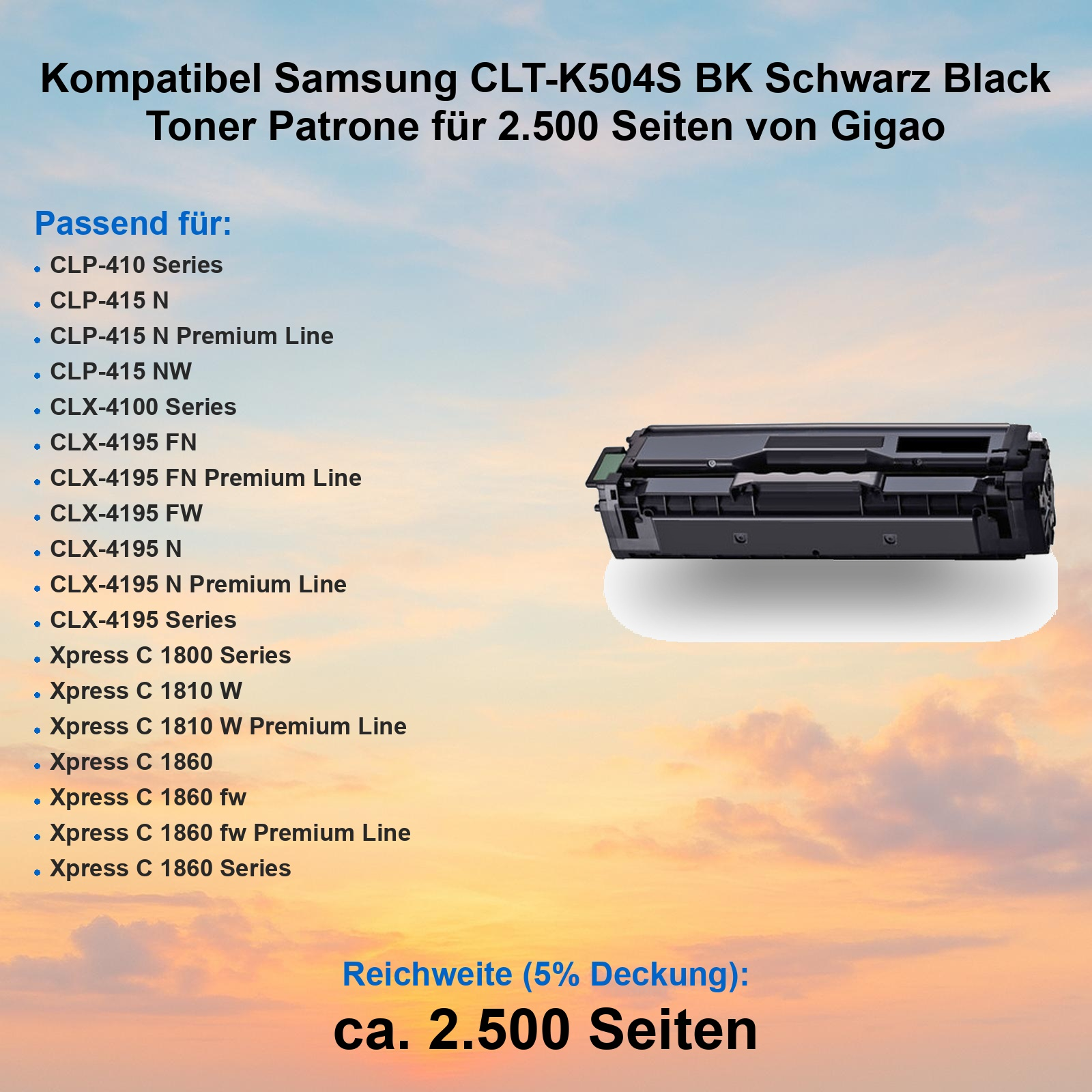 Eine schwarze Tonerkassette vor einem Sonnenuntergangshimmel mit Druckrkompatibilität.