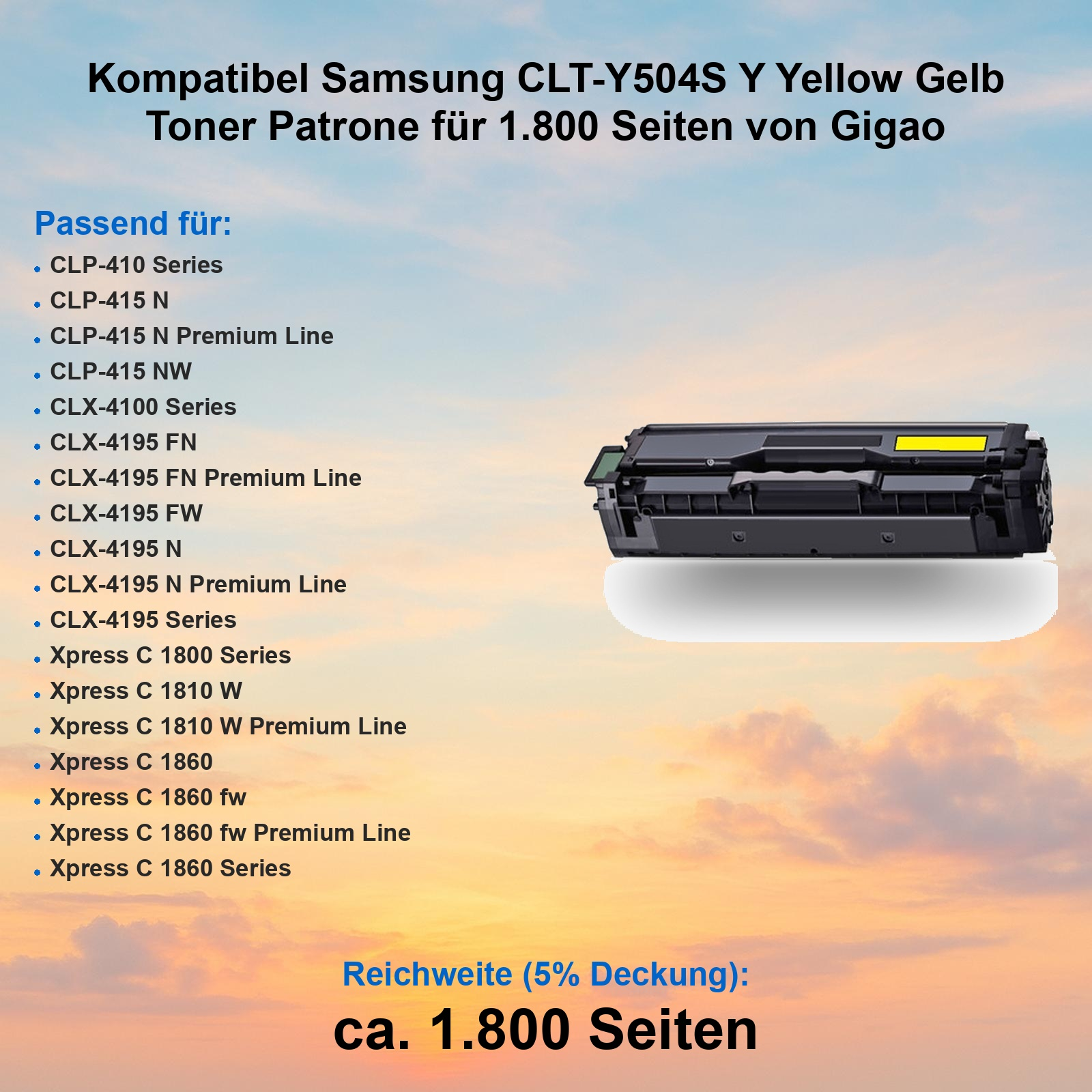 Gelbe Toner Patrone von Gigao auf Wolkenhintergrund mit kompatiblen Druckermodellen.