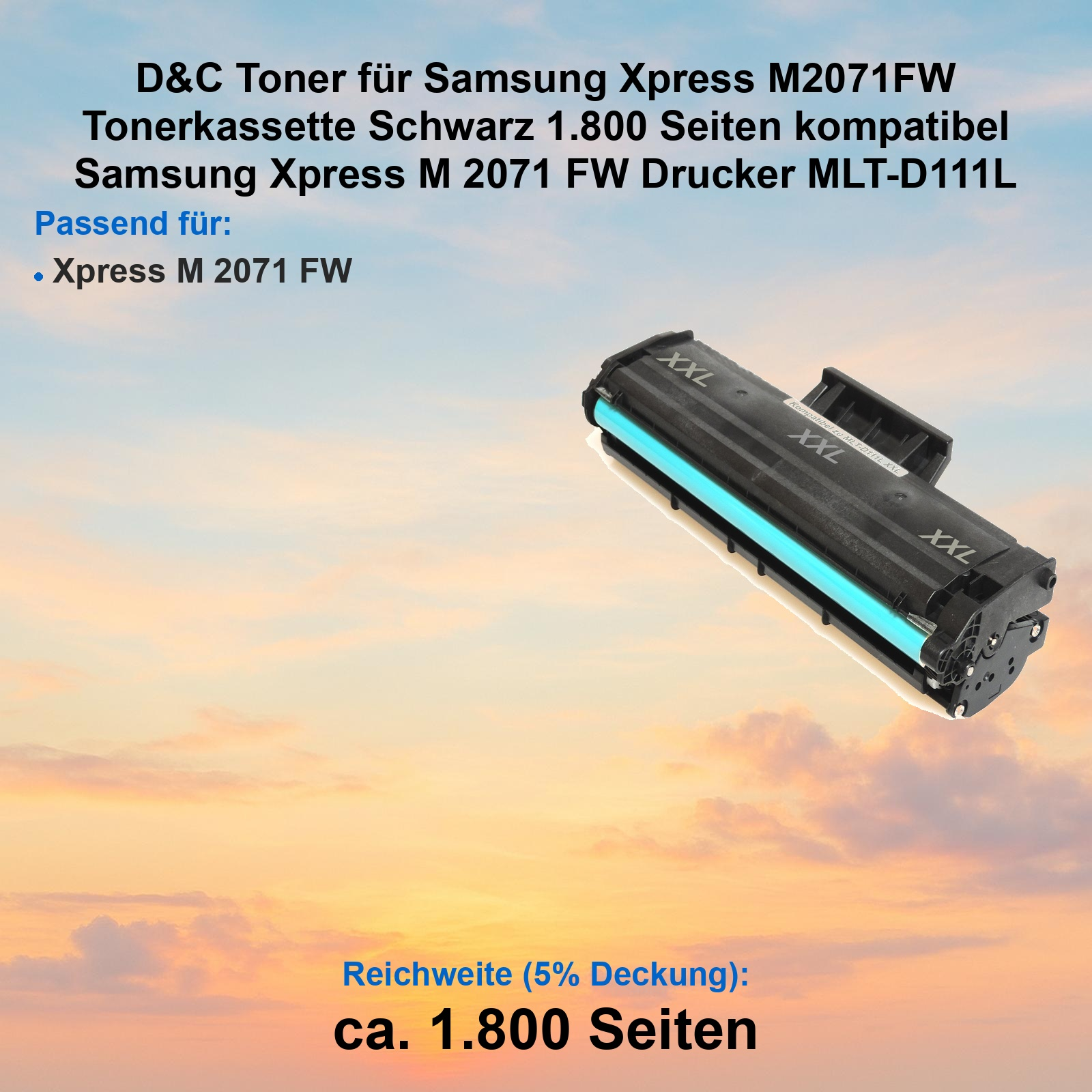 Schwarze Tonerpatrone für Samsung Xpress M2071FW vor einem farbenfrohen Sonnenuntergangshimmel.