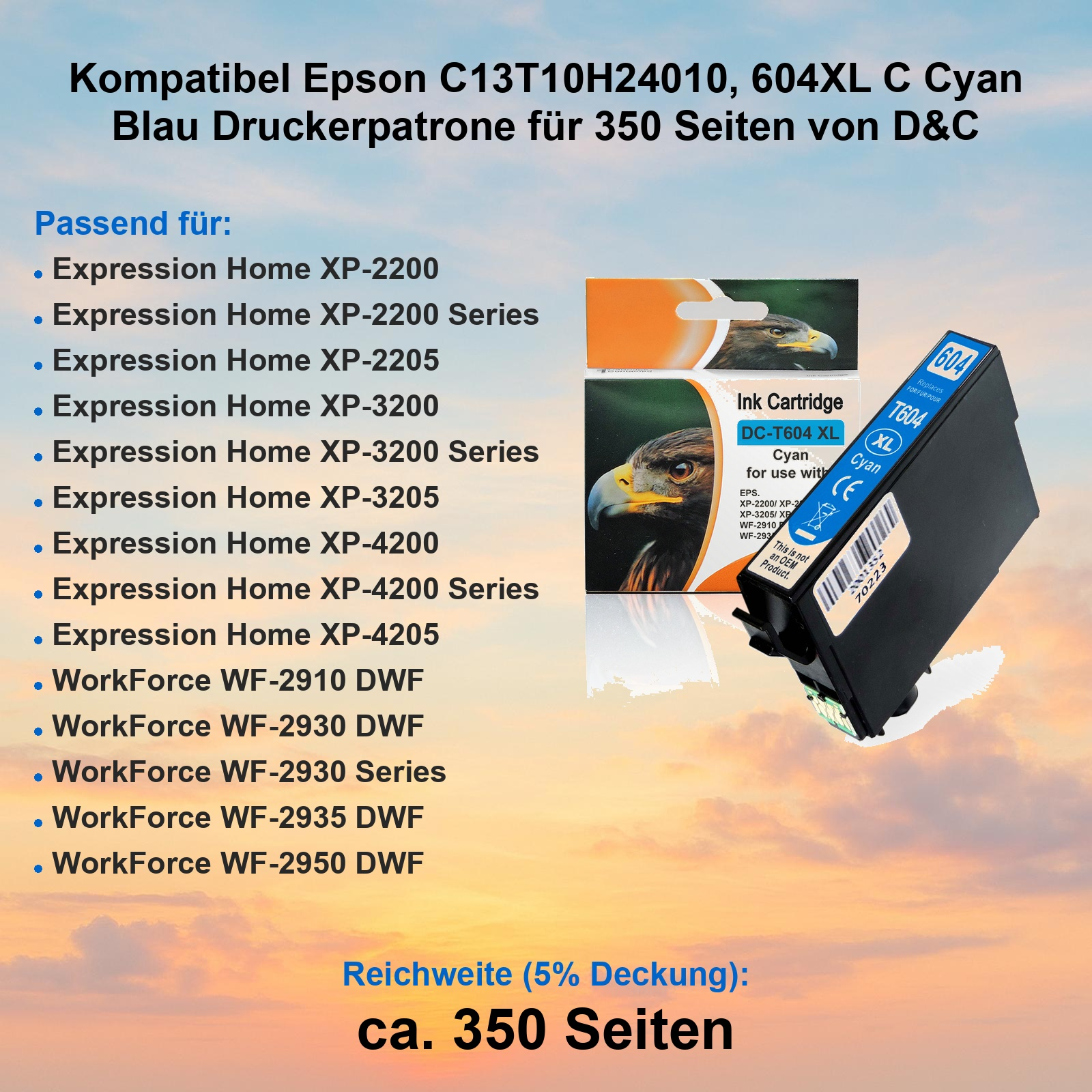 Cyan Druckerpatrone und Verpackung mit Adlerbild vor Sonnenuntergangshintergrund.
