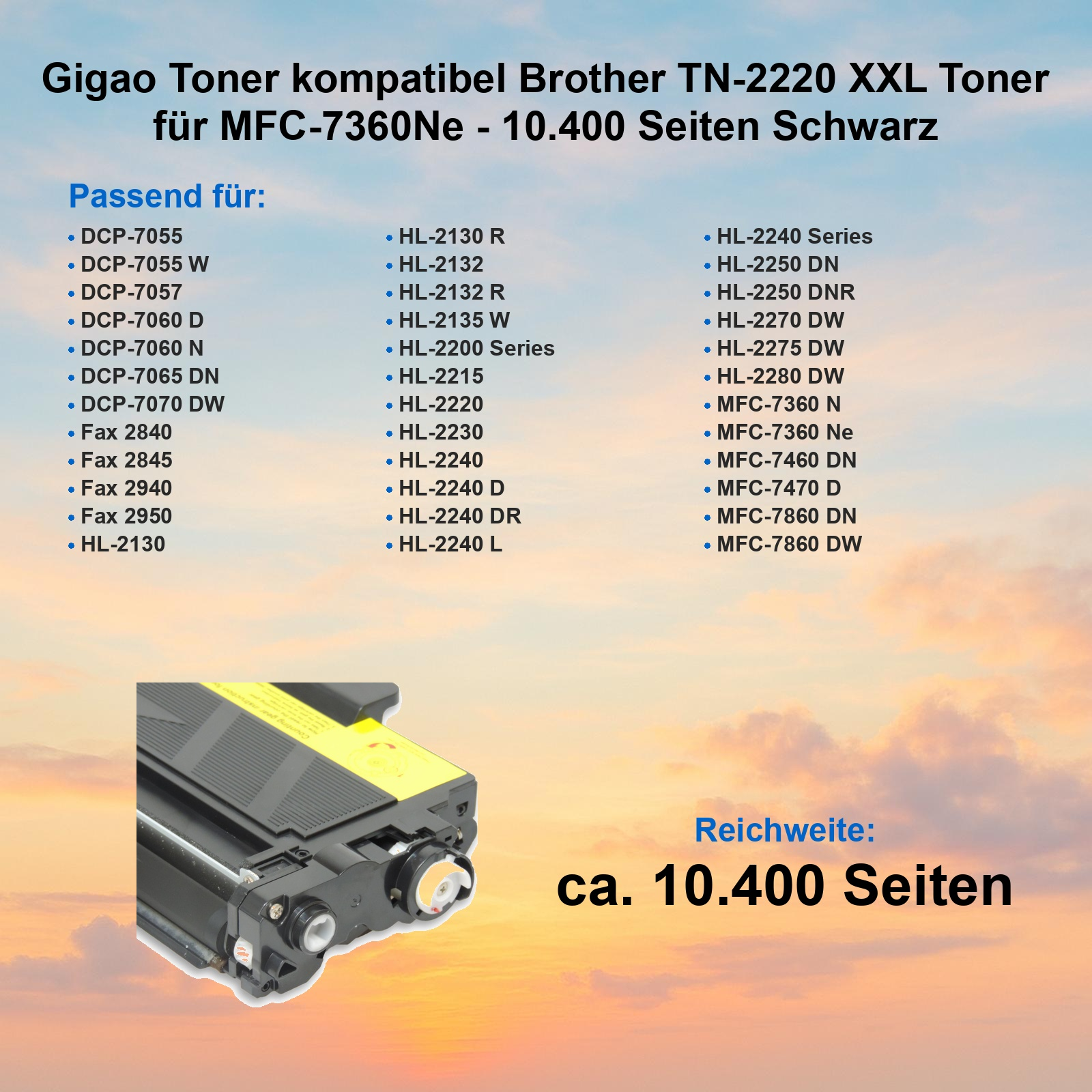 Produktwerbung für Gigao Toner mit kompatiblen Druckermodellen und einer Reichweite von 10.400 Seiten.