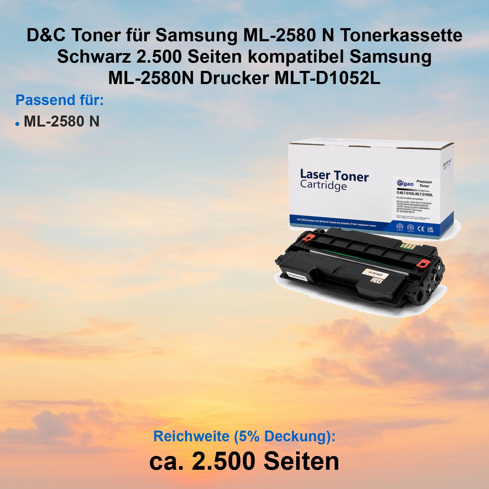 Schwarze Tonerpatrone und Verpackungskarton vor einem Hintergrund mit Sonnenuntergang.