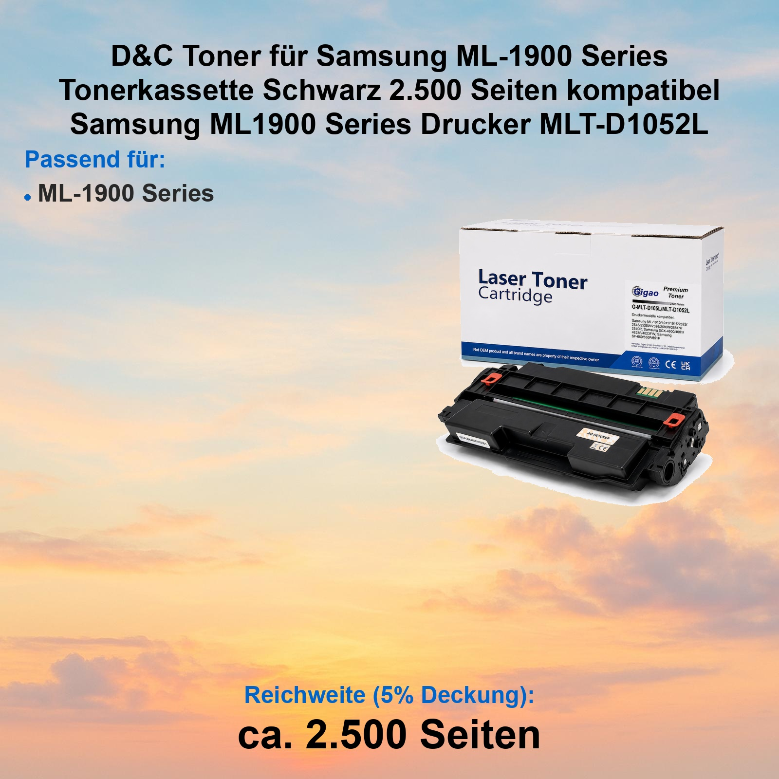 Schwarze Tonerkassette und Verpackung vor Sonnenuntergang.