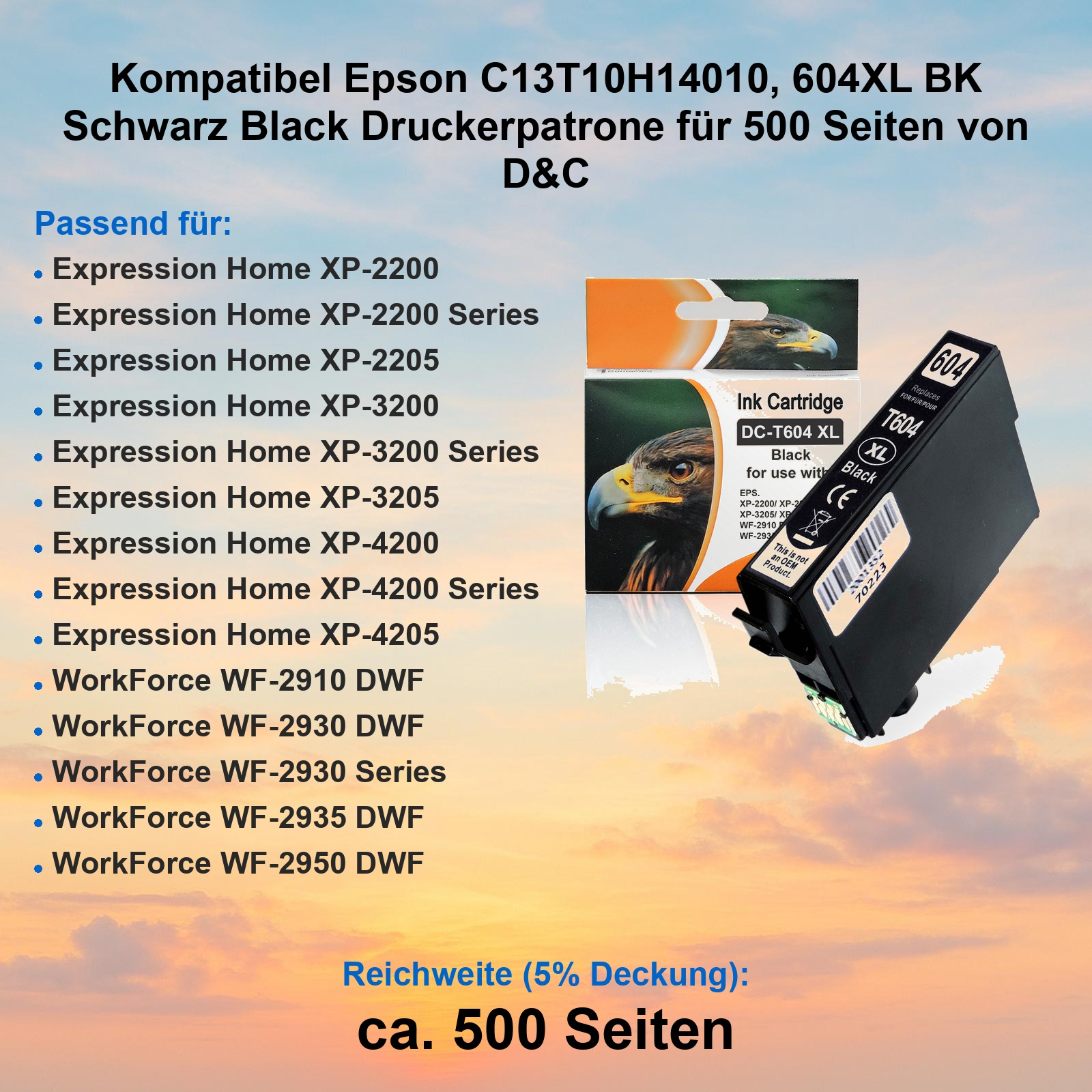 Schwarze Druckerpatrone mit Adler-Verpackung und Liste kompatibler Drucker.