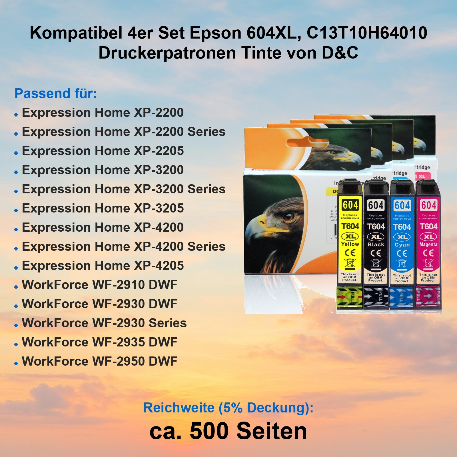Set von vier kompatiblen Epson 604XL Druckerpatronen mit Adler-Motiv vor einem Himmshintergrund und Kompatibilitätsliste.