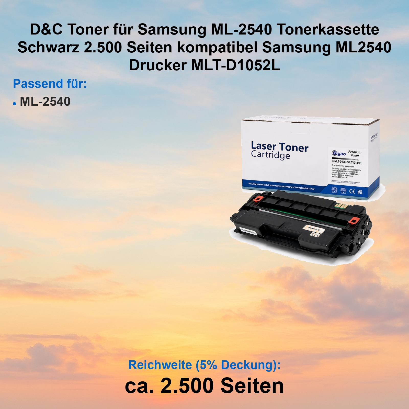 Schwarze Tonerkassette und Verpackungskarton vor einem farbenfrohen Sonnenuntergangshintergrund.