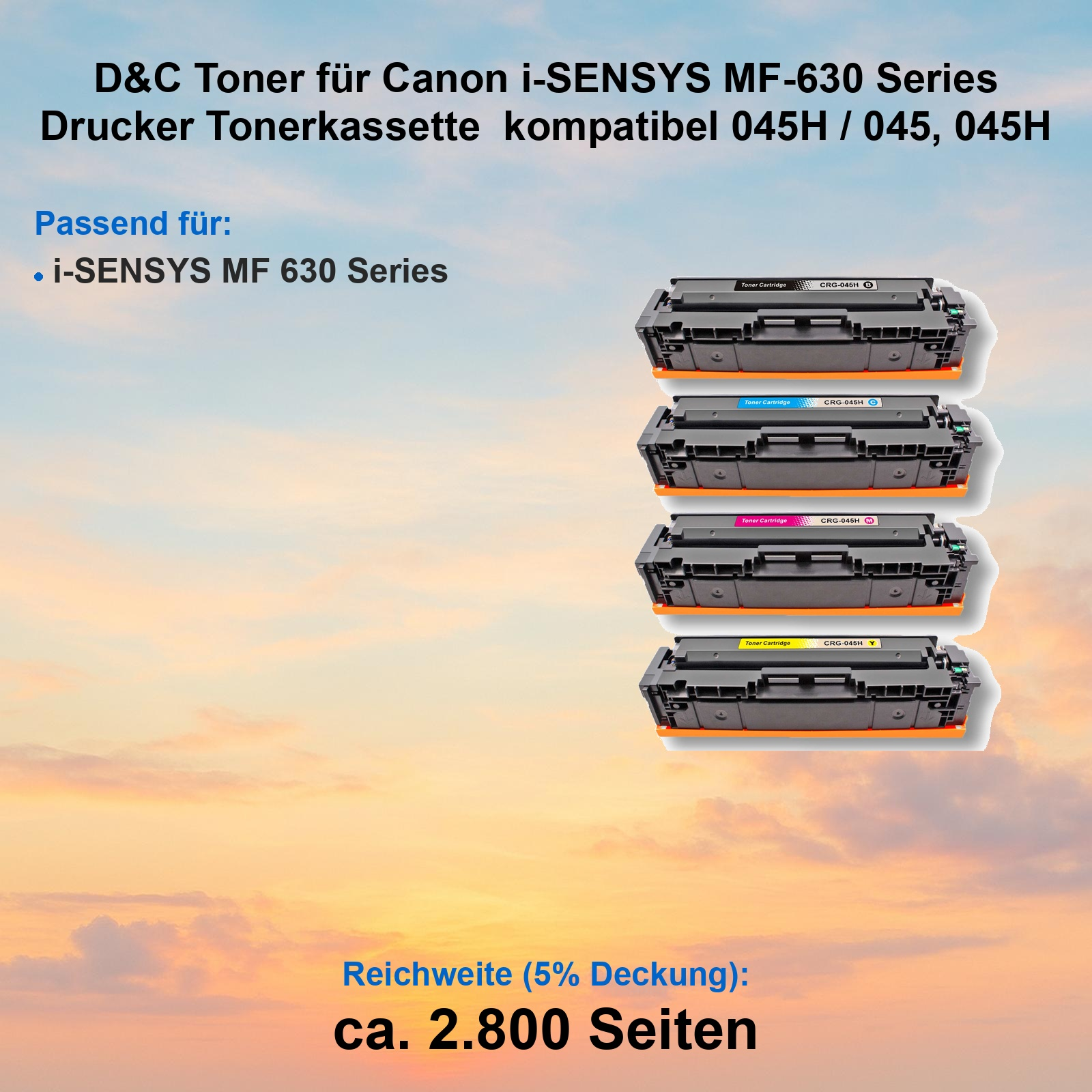 Vier kompatible Toner-Kassetten für Canon i-SENSYS MF-630 Series vor einem Wolkenhintergrund.