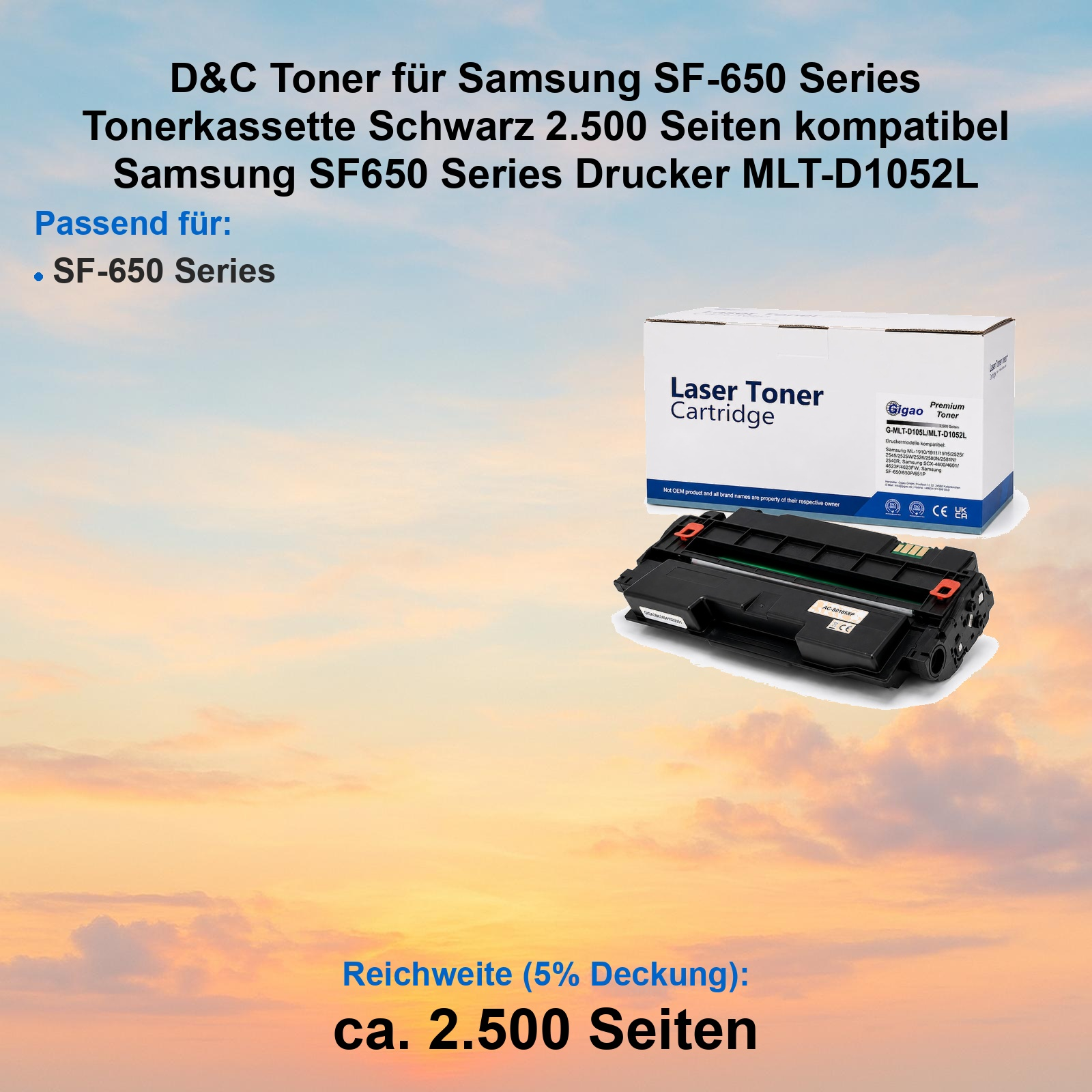 Schwarze Tonerkassette MLT-D1052L mit Verpackungskarton vor einem farbenfrohen Sonnenuntergangshintergrund.
