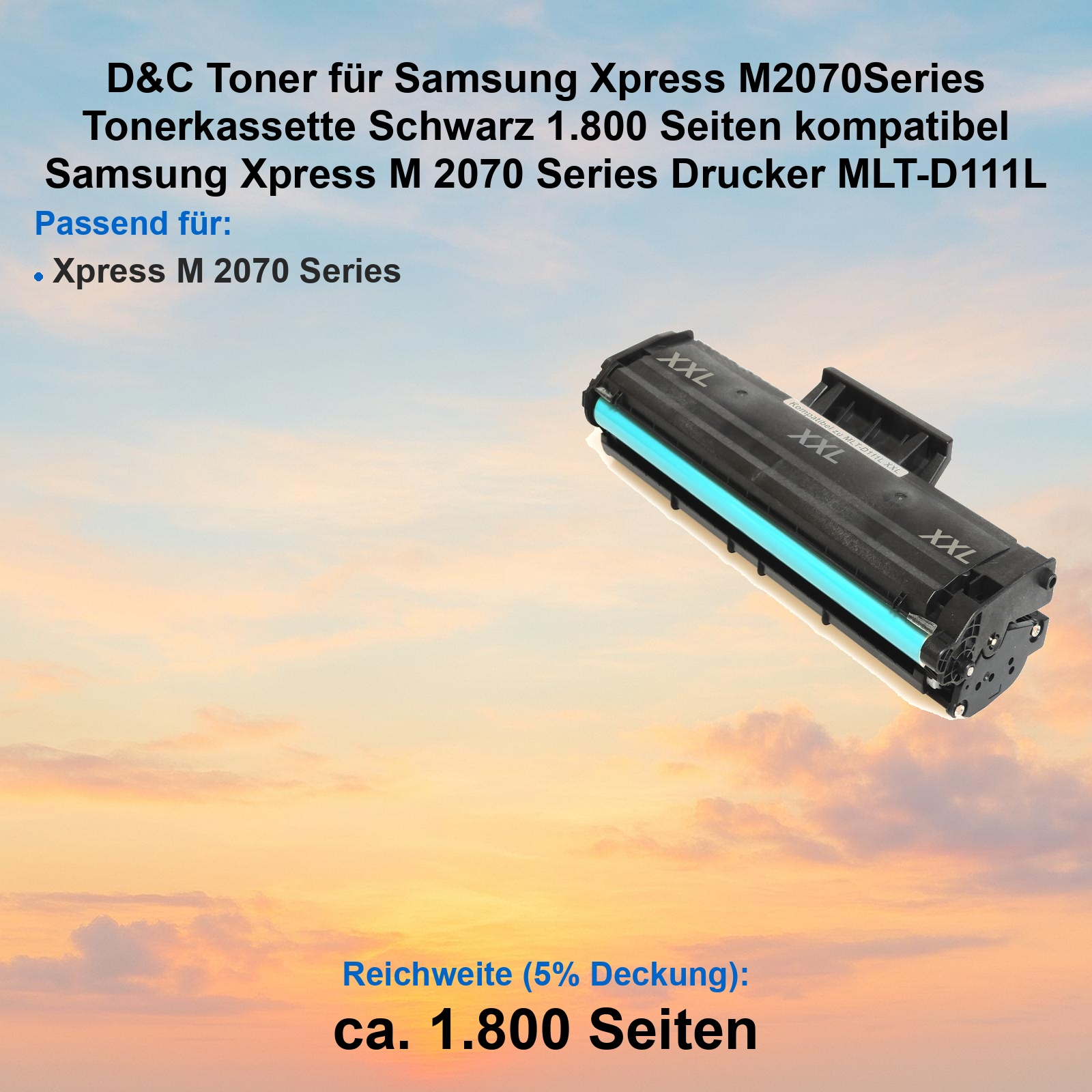 Schwarze Tonerpatrone für Samsung Xpress M2070 Serie vor Sonnenuntergang.