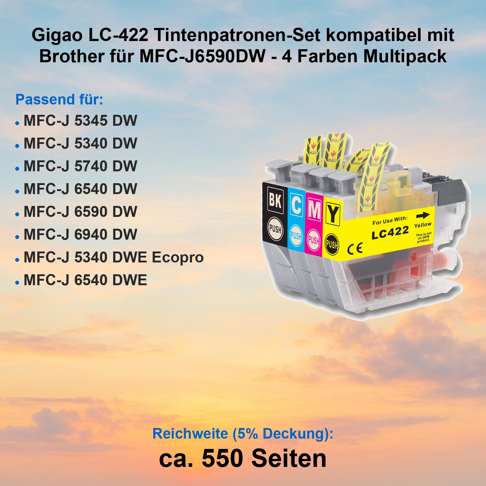 Set mit vier kompatiblen Gigao LC-422 Tintenpatronen für Brother-Drucker vor einem Sonnenuntergangshintergrund.