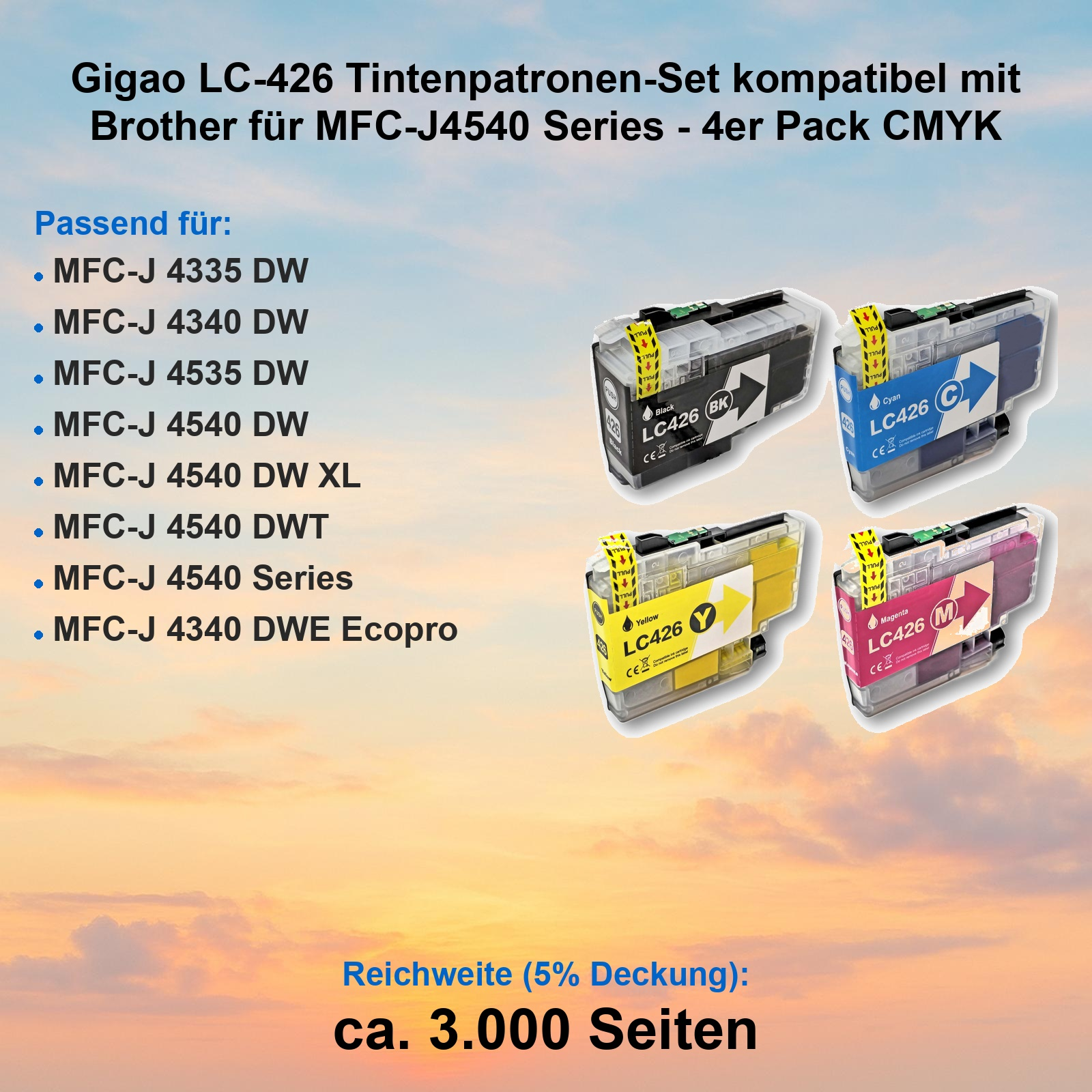 Vier LC-426 Tintenpatronen in Schwarz, Cyan, Gelb und Magenta vor einem Sonnenuntergangshintergrund.