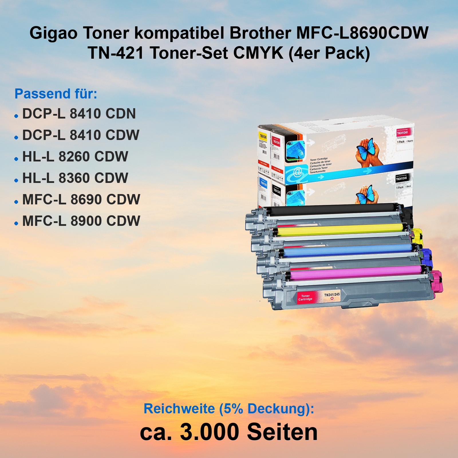 Gigao Toner-Set CMYK für Brother-Drucker vor einem Sonnenuntergangshintergrund.