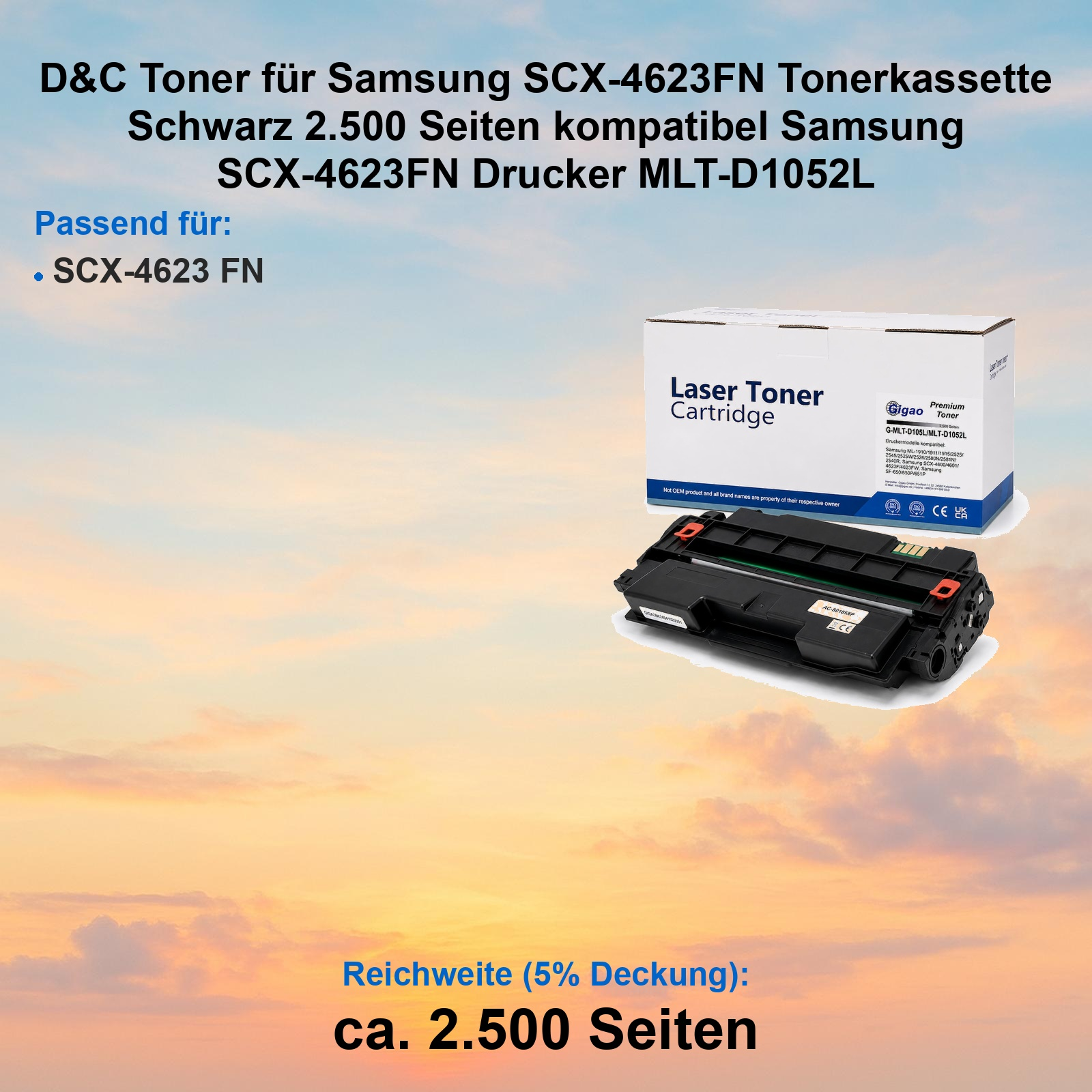 Schwarze Tonerpatrone und Verpackung für Samsung Drucker auf orangem Hintergrund mit Text.