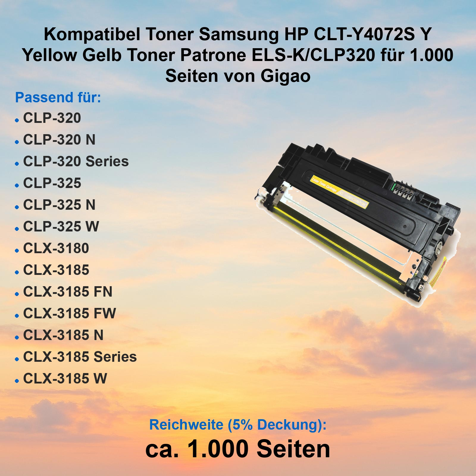 Gelbe Tonerpatrone für Samsung-Drucker vor einem farbigen Wolkenhintergrund mit kompatiblen Modellen.