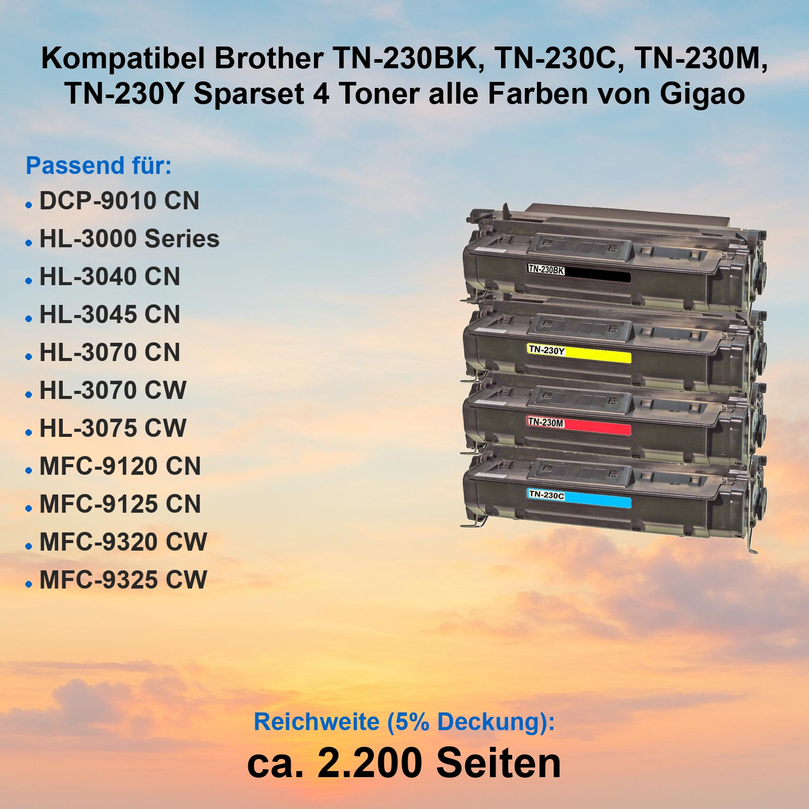 Vier kompatible Brother TN-230 Toner in Schwarz, Gelb, Magenta und Cyan vor einem Sonnenuntergangshintergrund.