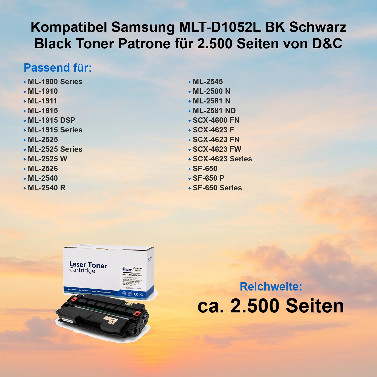 Produktwerbung für Samsung Tonerpatrone mit kompatiblen Druckermodellen und gelbem Sonnenuntergangshintergrund.