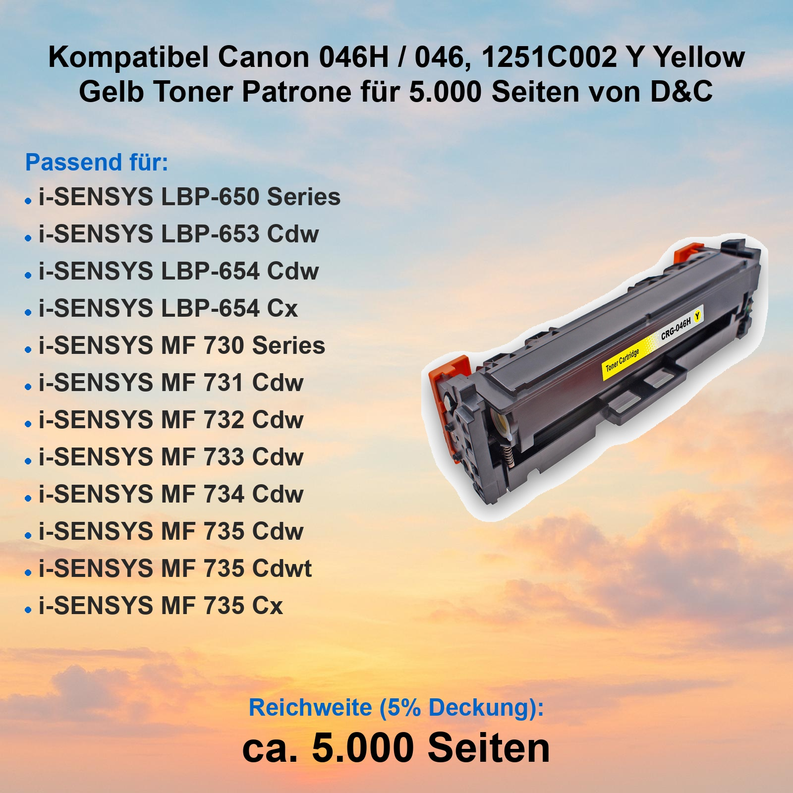 Gelbe Tonerkartusche kompatibel mit Canon-Druckern vor Abendhimmel mit Drucker-Modellisten.