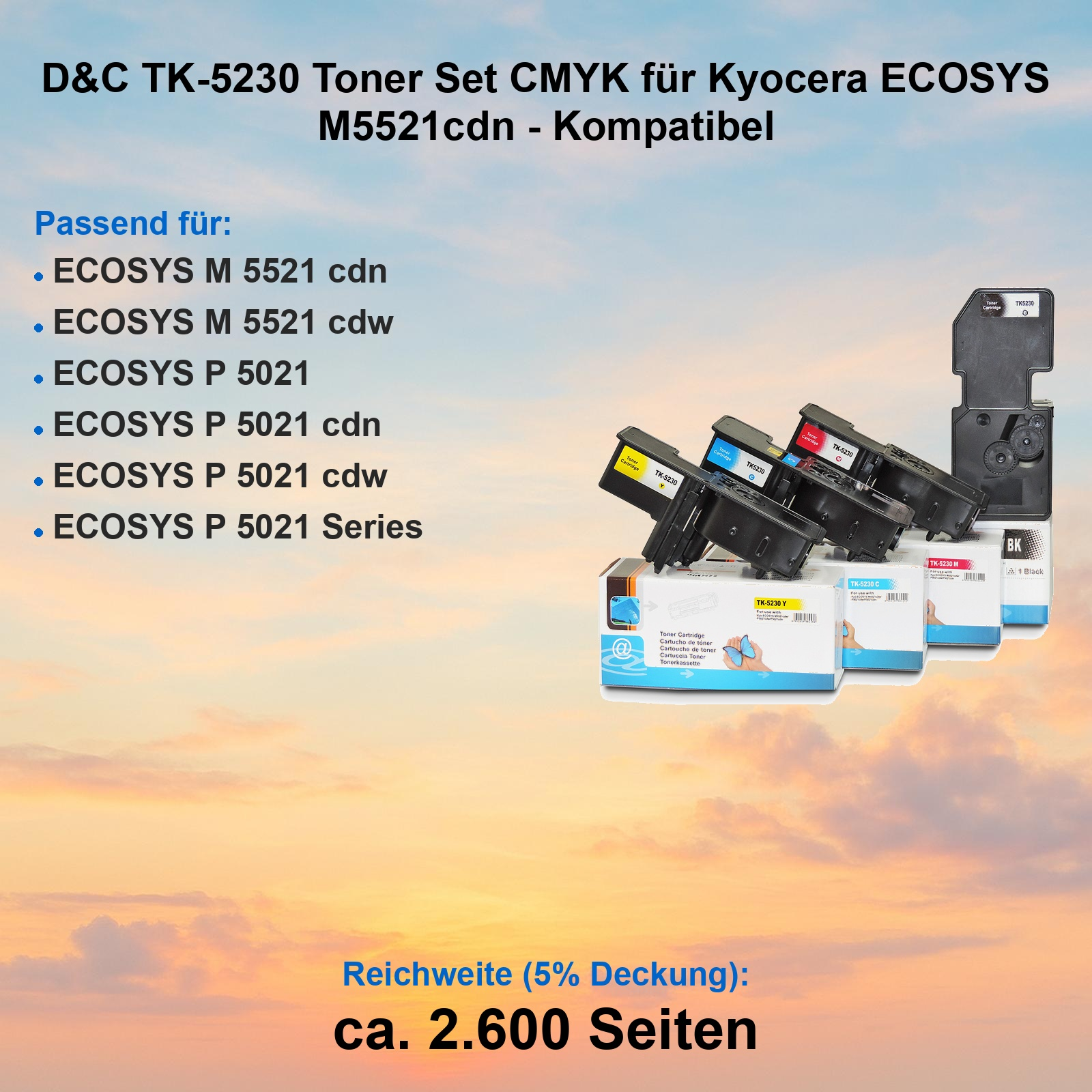 CMYK Tonerset für Kyocera ECOSYS Drucker mit kompatiblen Patronen und Verpackung vor Sonnenuntergang.