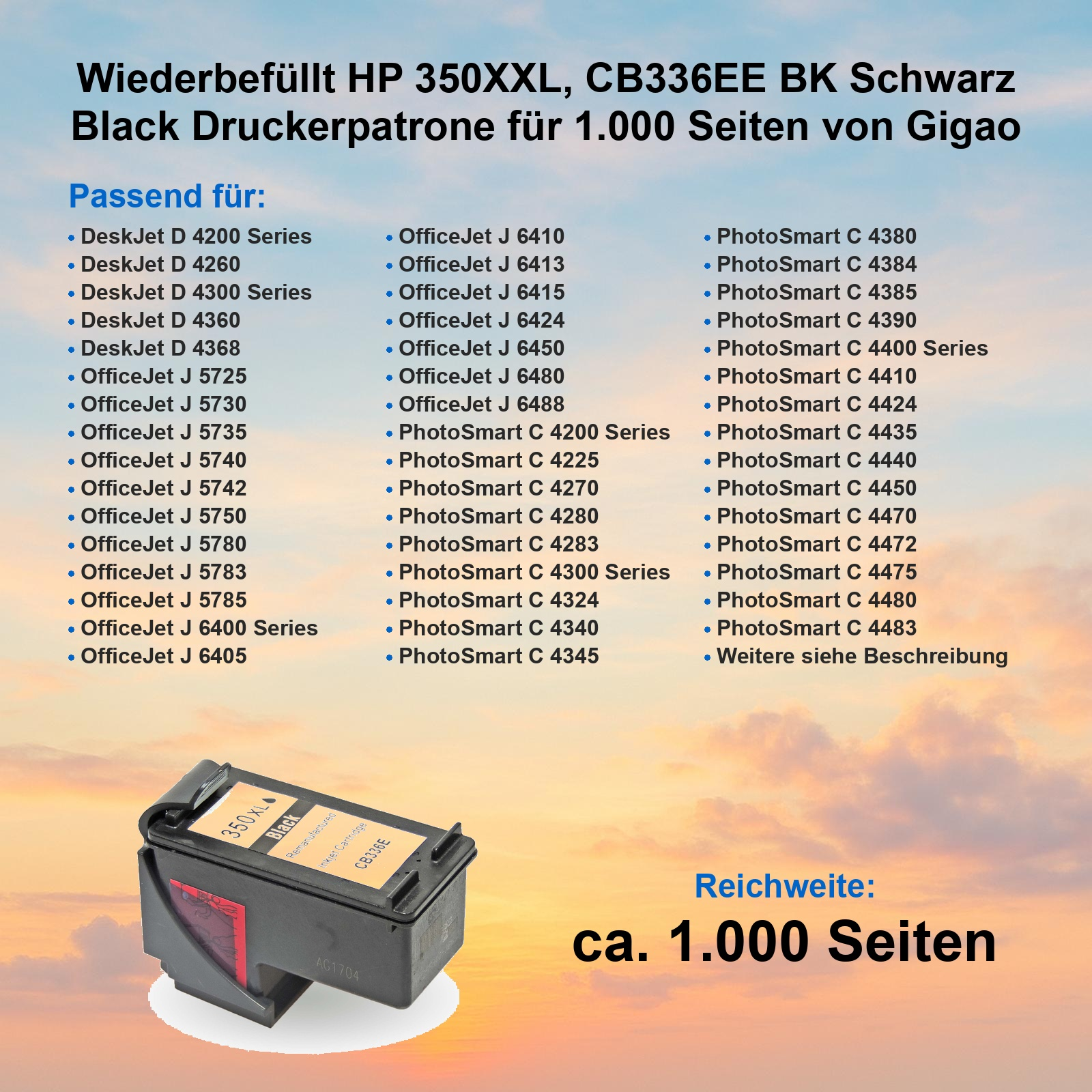 HP 350XXL schwarze Druckerpatrone vor einem gelben Wolkenhimmel mit kompatiblen Druckerlisten.