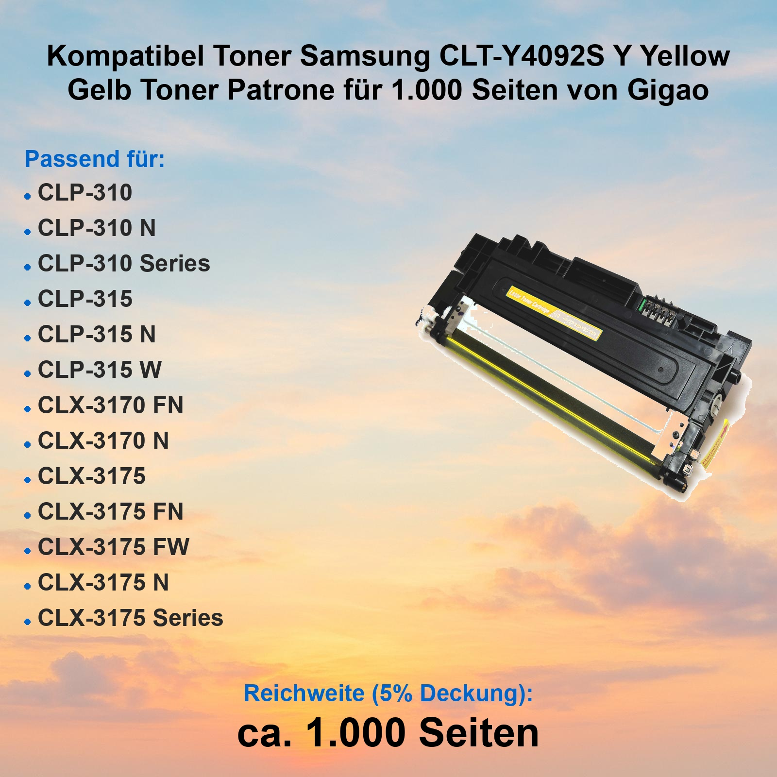Gelber Samsung CLT-Y4092S Toner auf gelbem Hintergrund mit Kompatibilitätsliste.