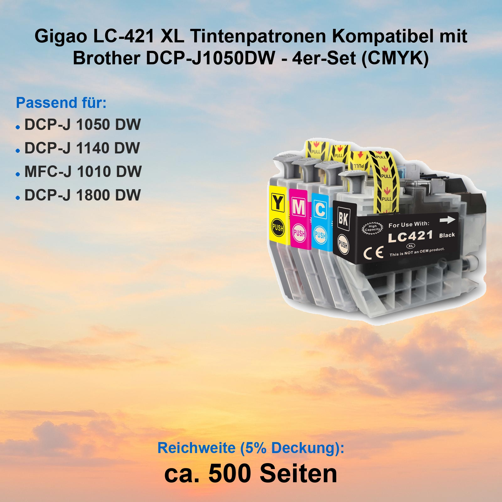 Vierfarbige LC-421 XL Tintenpatronen für Brother Drucker vor einem sonnigen Hintergrund.
